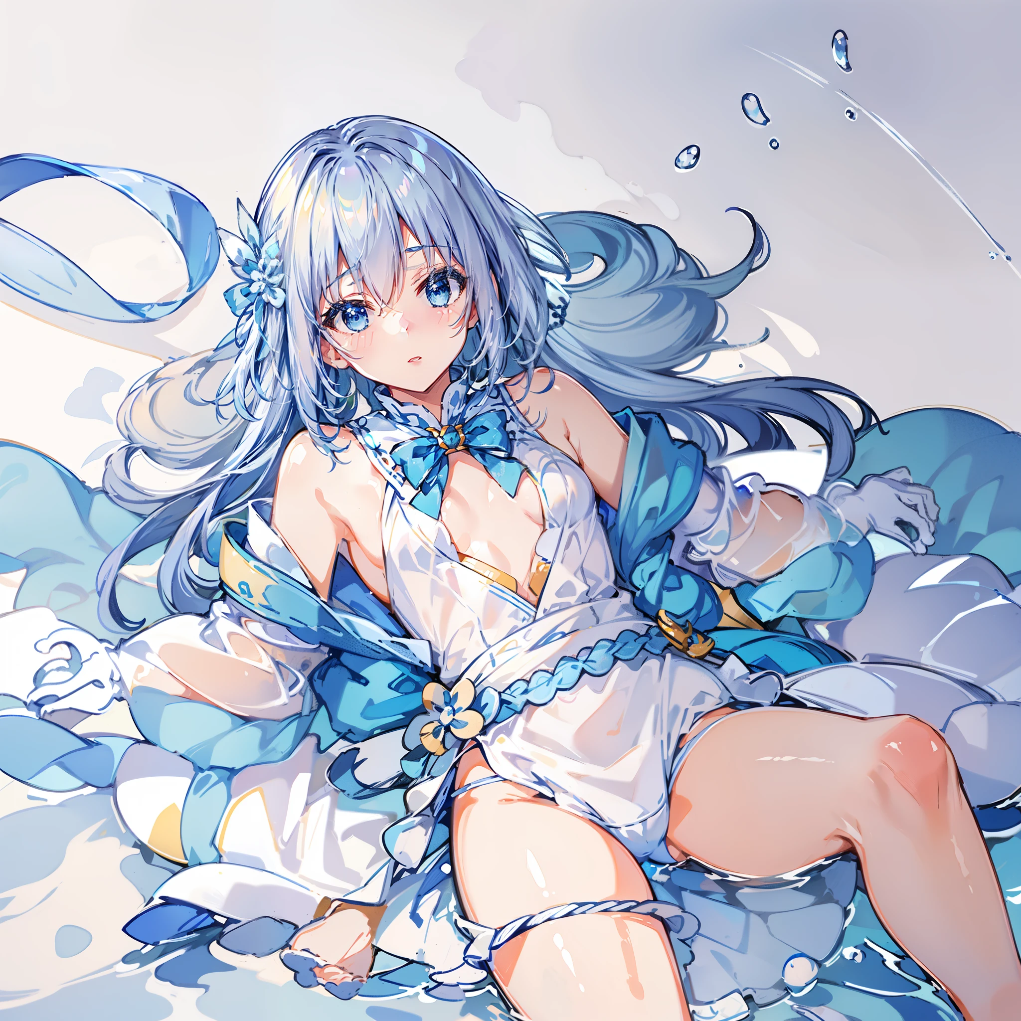 Against the background of the element of water,Light blue double ponytail hair,Yellow bells hang from his hair,Blue and white clothes with milk,Cute cute girl