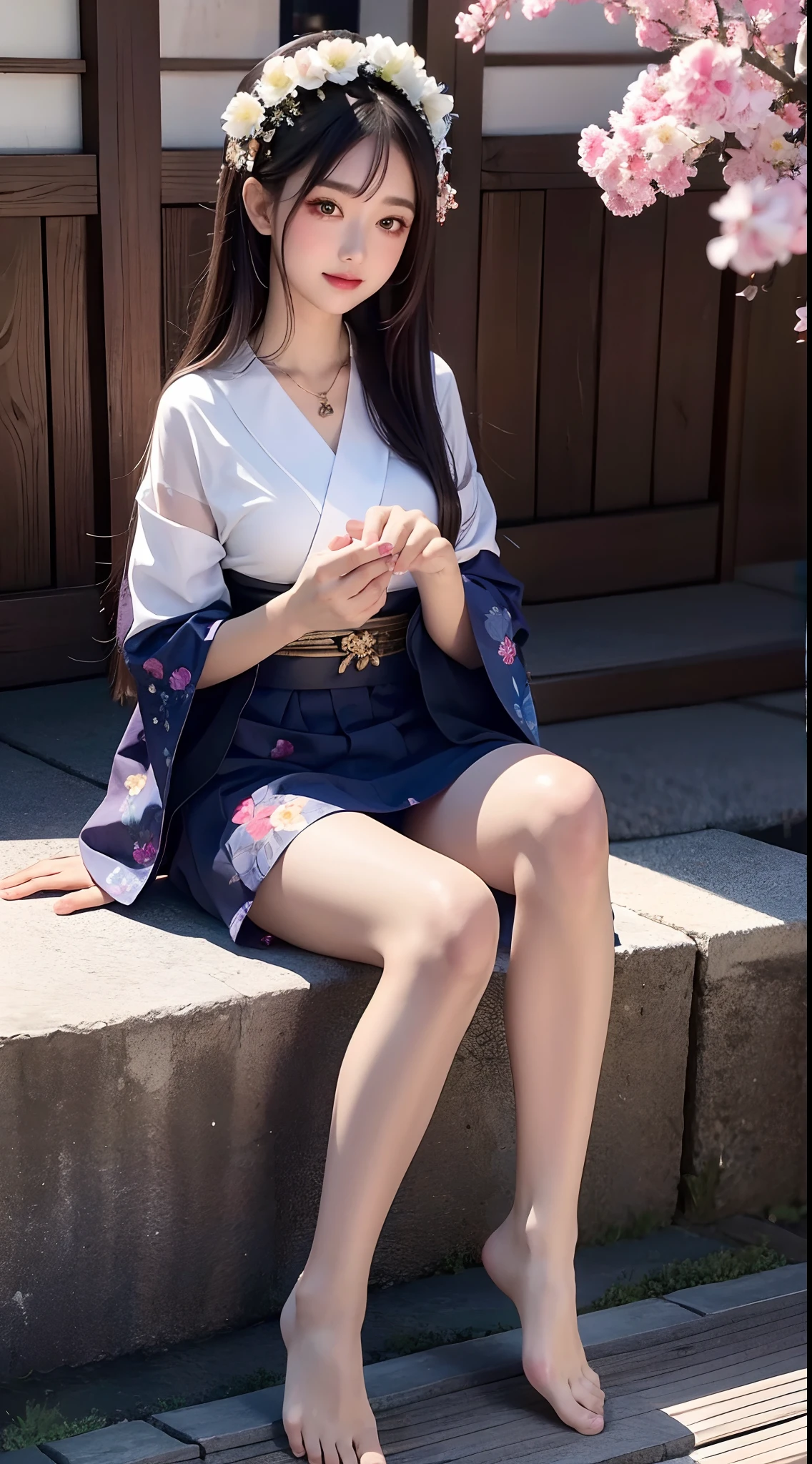 Araffe asian woman in a kimono sitting on a step - SeaArt AI