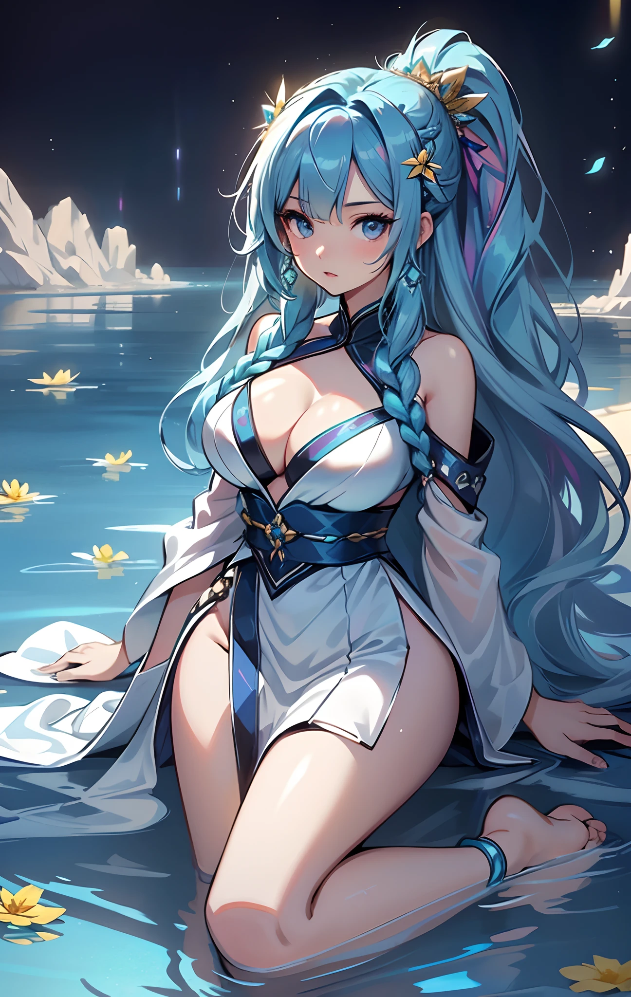 best qualityer,tmasterpiece,Ultimate resolution,downy,Extremely colorful,Colorful,water background,(Lake surface),Dancer,White kimono long dress,huge tit,hair-bun,Fine braids,(Long aqua blue hair),Blue lip gloss,a matural female,(The barefoot),Kneeling pose,daffodil,Normal posture
