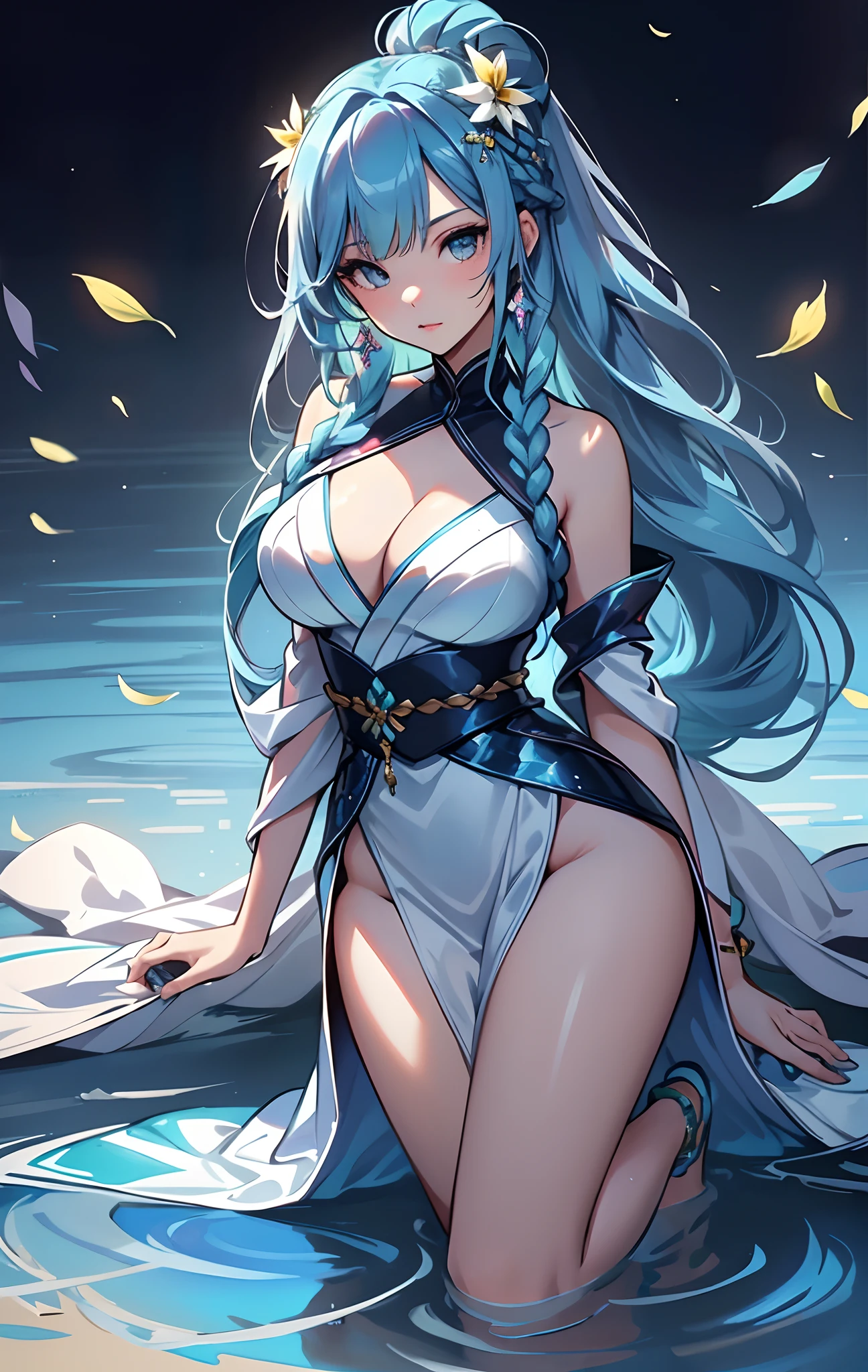 best qualityer，tmasterpiece，Ultimate resolution，downy，Extremely colorful，Colorful，water background，（Lake surface）,Dancer，White kimono long dress，huge tit，hair-bun，Fine braids，（Long aqua blue hair），Blue lip gloss，a matural female，（The barefoot），Kneeling pose，daffodil，Normal posture