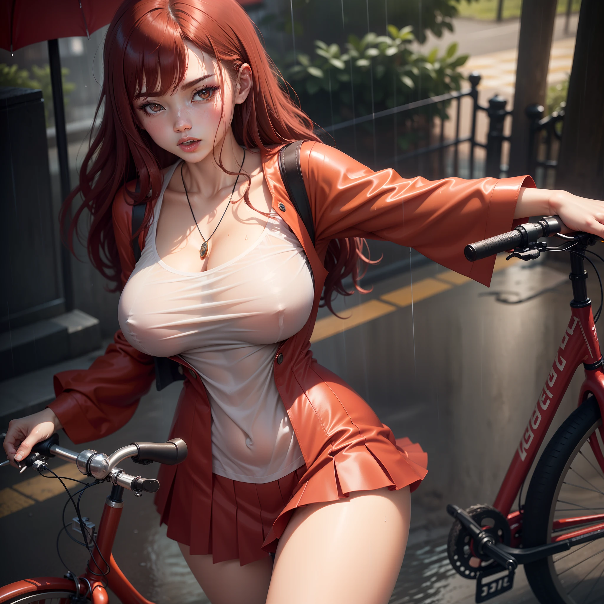 Women in the rain、Reddening cheeks、((Red bike))、((riding bikes))、heavy rain、Large full breasts、See-through sailor suit,Apply to chest when wet、short skirt、Women in Japanese uniforms and women in the rain 、Treading a bike in the rain、florals、hair pin、a necklace、nipple piercing、Wet the body,leaning-forward,depth of fields、Pointy red mouth、The short reddish-brown hair is moist and shiny,,,,,,,,,,,,,,,Red mouth,Black eyes、鎖骨、Beautiful fingers、Hourglass body、full-body portraits、loosen tie、a matural female