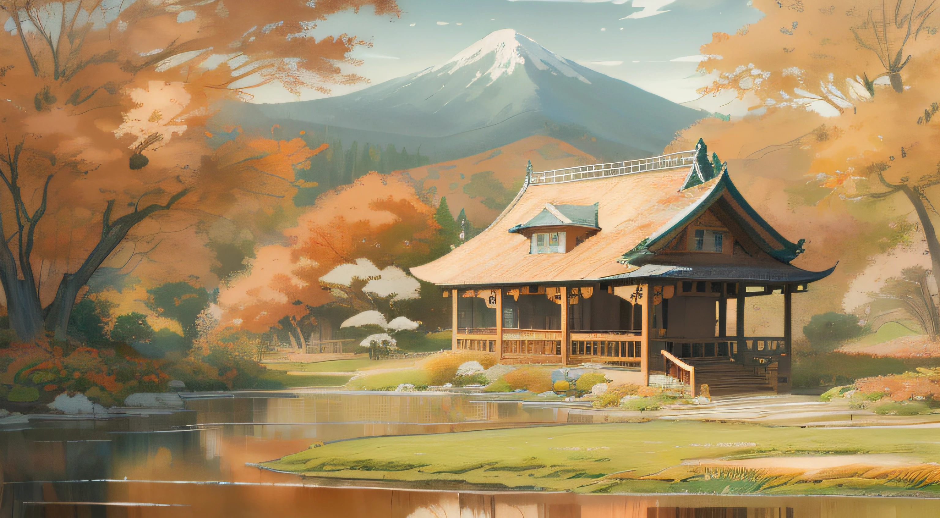 ((Painting style:Traditional landscape painting, 1girl), Meticulous depiction, Mountain vista, Meticulous depiction, Mountain vista, In the foreground is a quaint pavilion,beautiful detailed water, There are reeds on the water,Autumn feeling