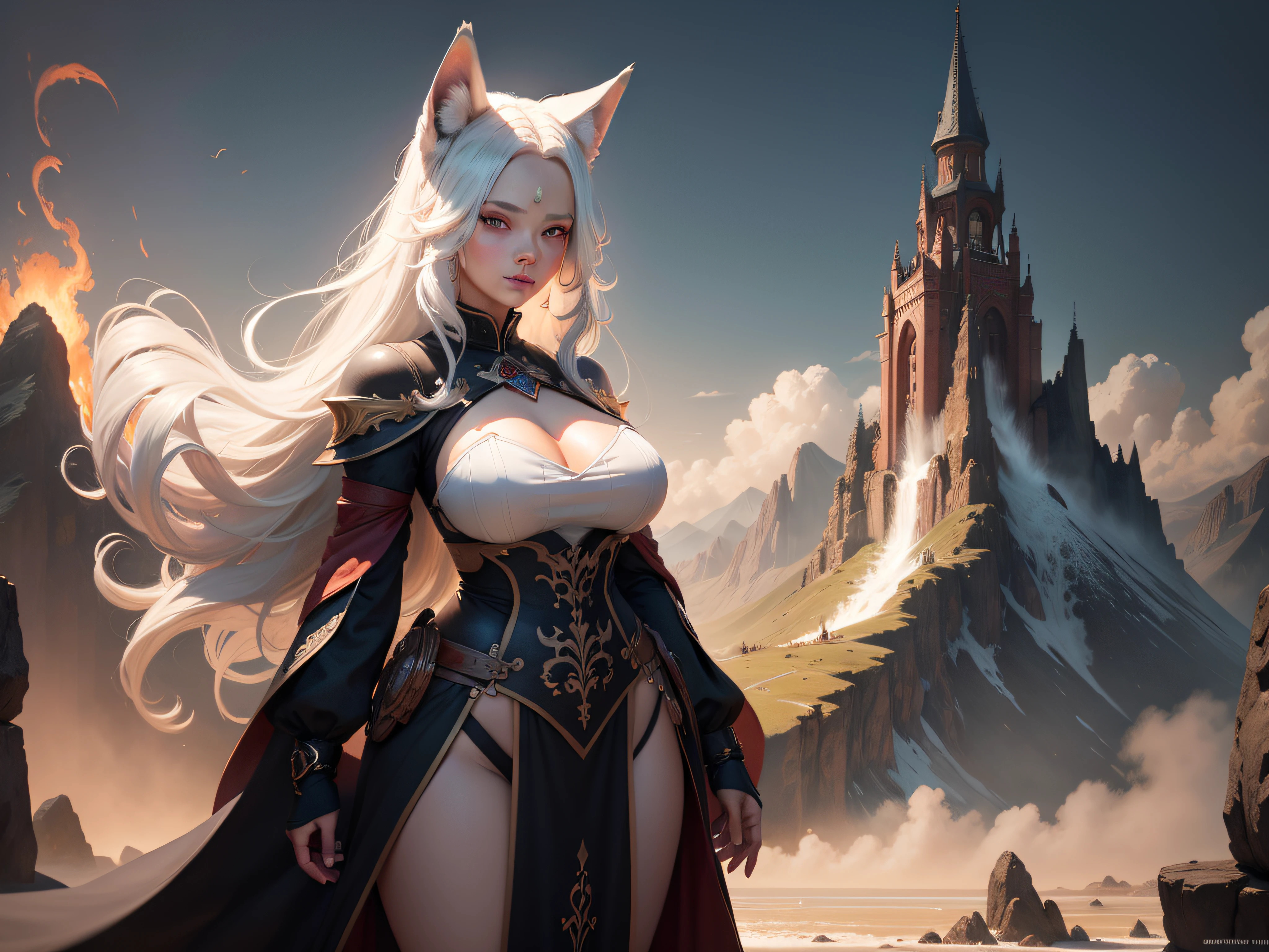 Large woman, Fox-eared woman、Woman with white hair、Woman has red eyes、Witch pose、Female height 188 cm、Women B98、Women W58、H99 for women、 smil, Sky in the Sky, A half body, Mountain faith, clouds, back lighting, Realistic portrait, Symmetrical, strong con, Complex drawing, ighly detailed, digitial painting, art stations, concept-art, fluids, foco nítido, illustratio, 电影灯光、Summer scene
