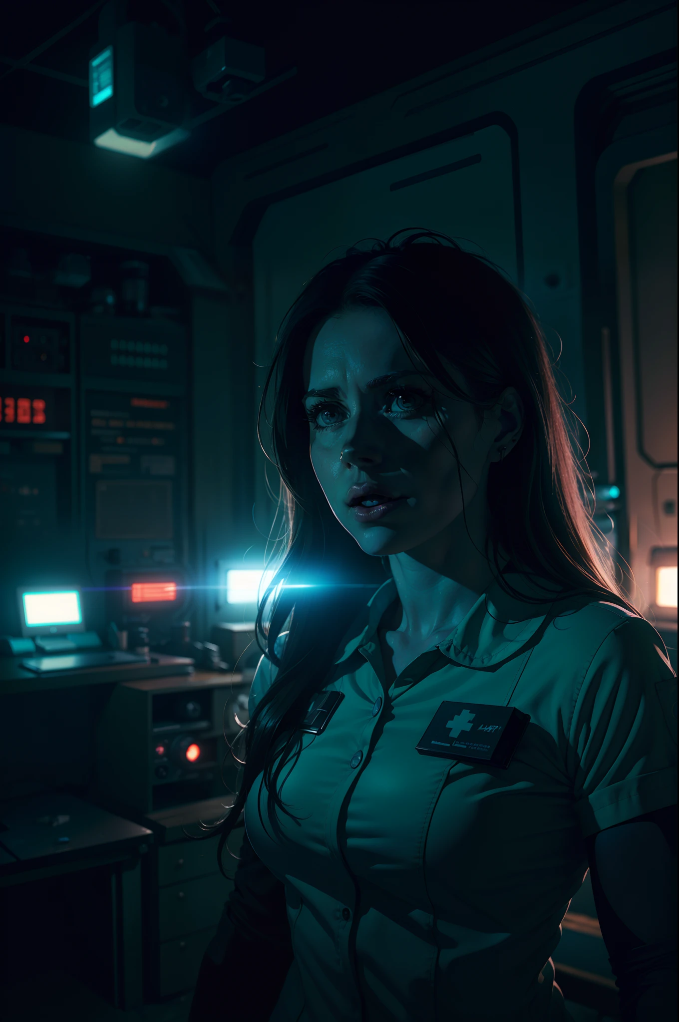 Amy Adams as a nurse on Ishimura Horror Space Ship in sci fi lab photography, natural light, photorealism, cinematic rendering, ray tracing, the highest quality, the highest detail, Cinematic, Third-Person View, Blur Effect, Long Exposure, 8K, Ultra-HD, Natural Lighting, Moody Lighting, Cinematic Lighting