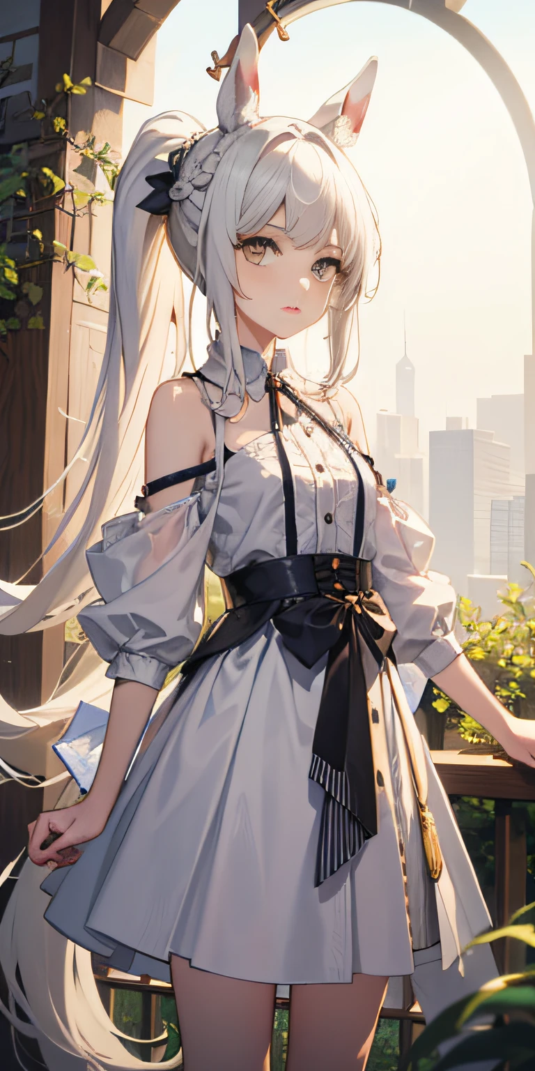 Masterpiece, Best quality, High quality, 1girll，Solo, Male focus, view the viewer, White horse ears，Long white single ponytail hair，White color hair，Long hair and waist，Flat bangs，Lunette de soleil