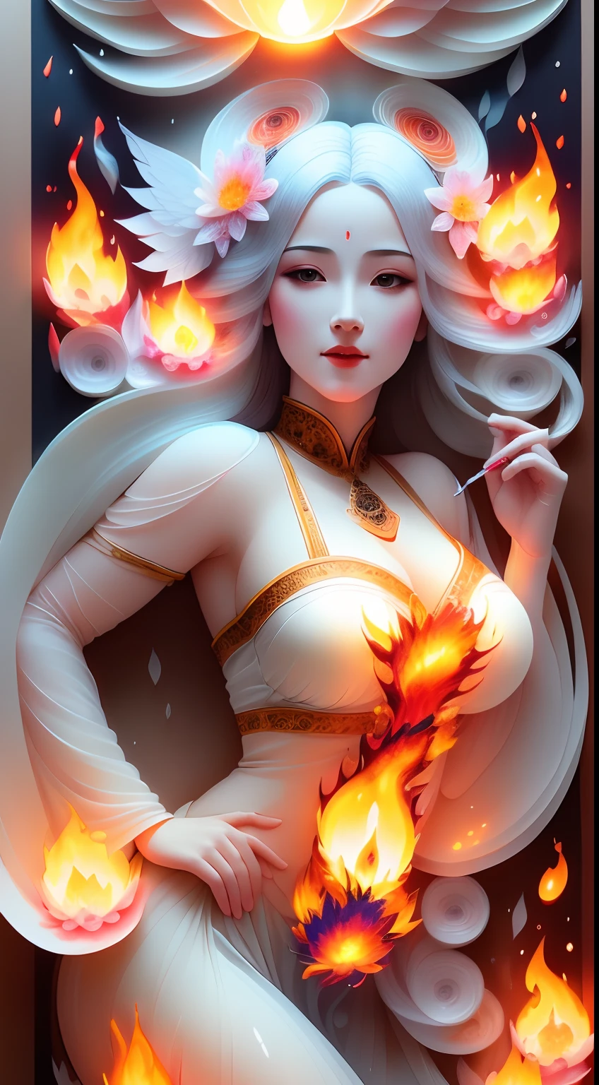 Goddess maiden, gorgeous, splashing, flame, flowing pen and ink, dancing, (translucent clothes), juvenile