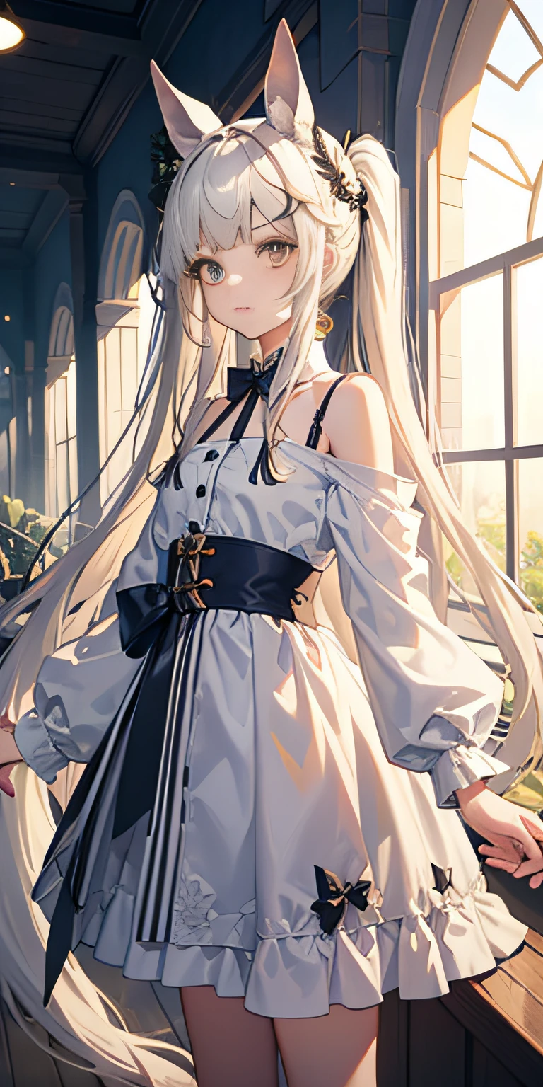 Masterpiece, Best quality, High quality, 1girll，Solo, Male focus, view the viewer, White horse ears，Long white single ponytail hair，White color hair，Long hair and waist，Flat bangs，Lunette de soleil