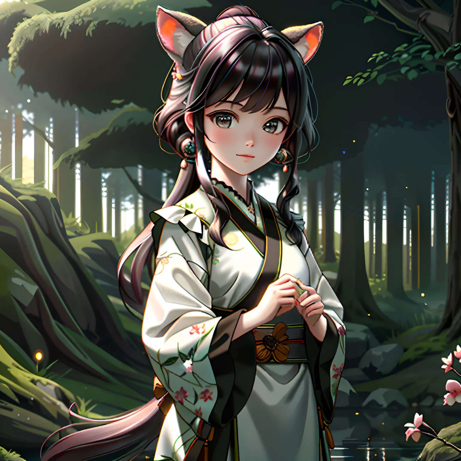 tmasterpiece,Best quality at best,(非常详细的 CG 统一 8k 壁纸),(Best quality at best),(The best illustrations),(The best shadow),glowing sprites,There is a glowing deer,Fawn drinking water in the pool,Natural elements in the forest theme。Mysterious Forest,Beautiful forest,great outdoors,Surrounded by flowers,Delicate leaves and branches are surrounded by fireflies(nature elements),(Jungle theme),(Foliage),(tree branch),(glowworm),(Particle effect)and other 3D, Octane rendering,Ray traching,Super meticulous