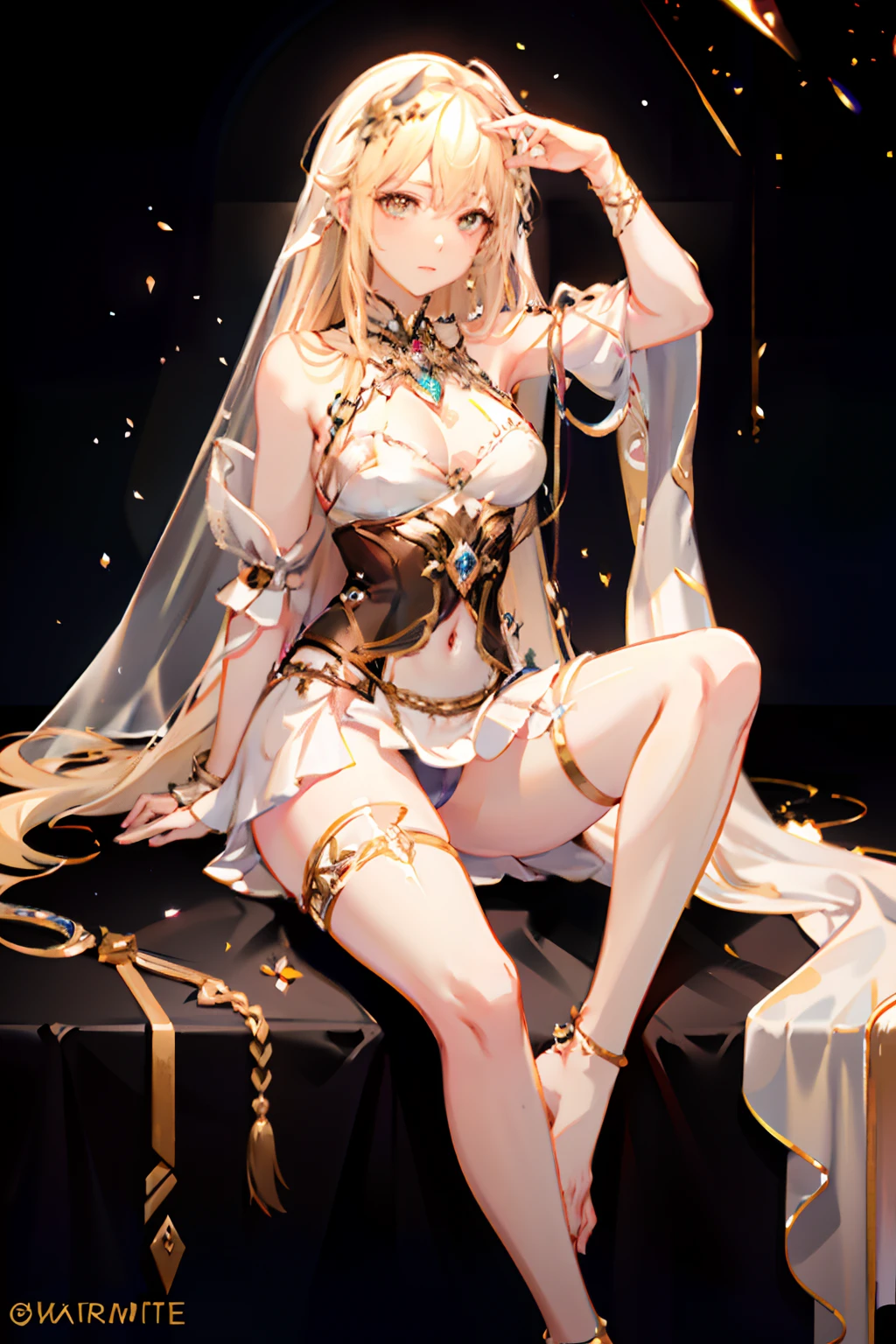 masterpiece, best quality,
1girl, night, Nineveh, meteor shower background, ultra-detailed, solo, looking at viewer, (curvy:1.1), (wavy hair:1.1), (breasts apart:1.3), groin, (pasties:1.3), neck ring, armlet, bracelet, (thighlet:1.2), (white veil:1.2), (hair ornament:1.1), navel piercing, (chain:1.1), (gold:1.3), (gold trim:1.2), rose, sweat, spread legs, sitting, arm up, full body, anklet, barefoot, on bed, Vaginal sulcus，(((female genital)))，Meat urinal，No top，No shirt，dewpoint