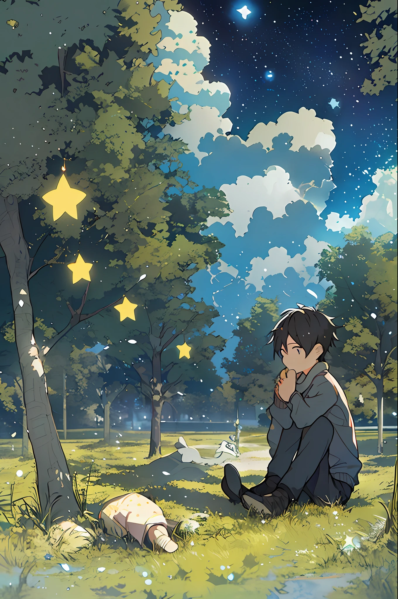 starrysky,The boy sits on the grass and gazes at the stars,high detal,Sad,artistic conception
