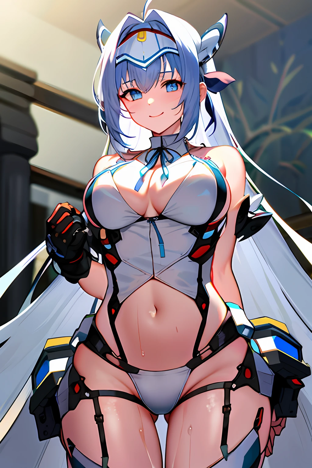masutepiece, Best Quality, hight resolution, KOS-MOS, 1girl in, Solo, Blue eyes, Blue long hair, wearing white bikini, bow ribbon, Bangs, 鎖骨, Gray hair, Black Hair Band, Neck ribbon, hair between eye, medium breasts, Cowboy Shot, Smile, thick white liquid on the body, Very sweaty, the body is dripping wet, Thighs are wet, Spread thighs, (thick white liquid dripping from body), (hands on thighs)