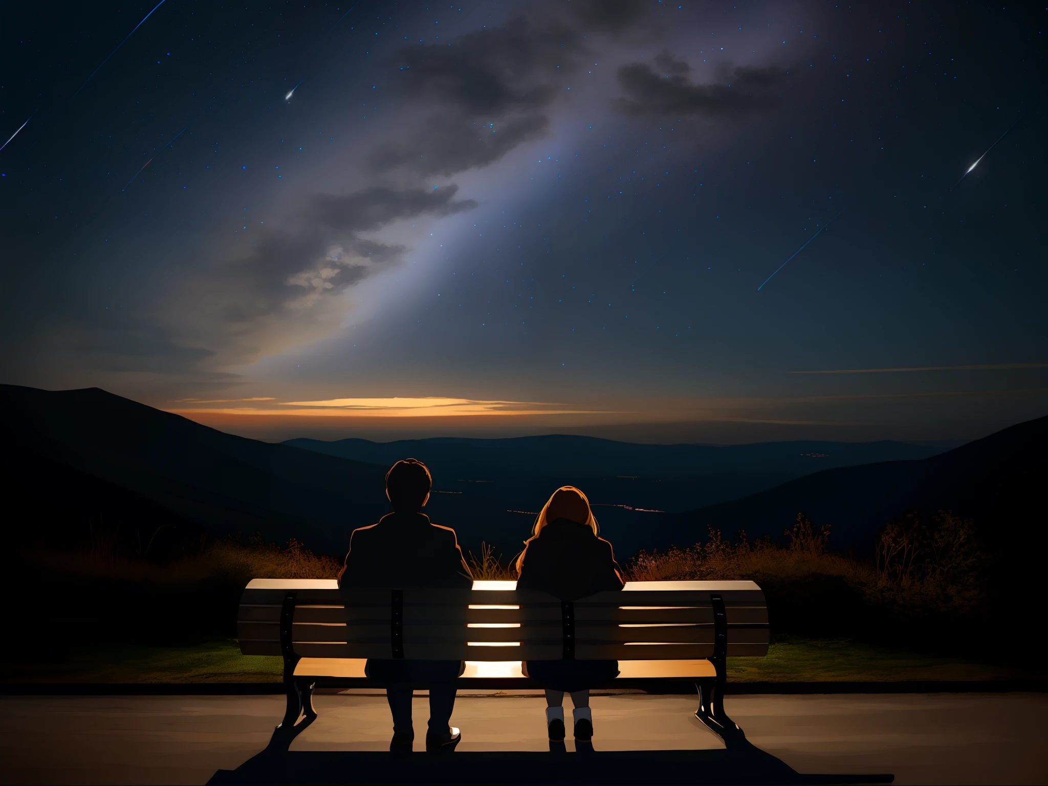 There are two people in the universe sitting on benches, Sit on a bench, sitting on a bench, Sit on a cosmic bench, sitting on a bench, starrysky