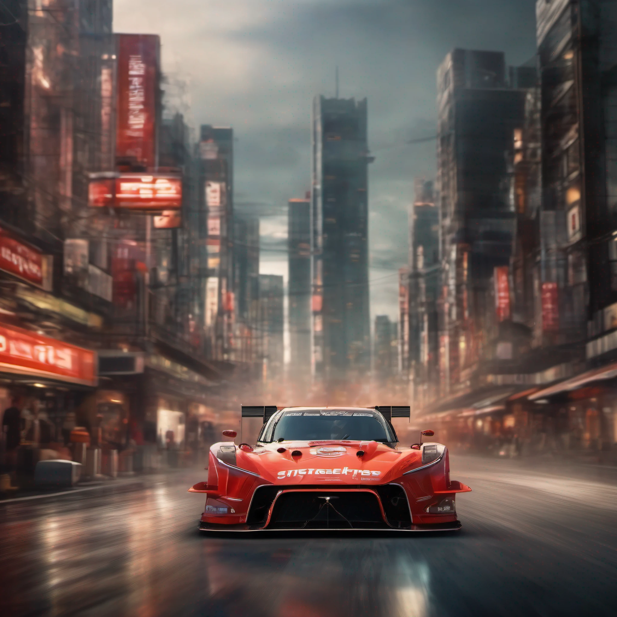 (masterpiece, high image quality) an insane future skyline race car, nismo, in a fururious city, radial background blur