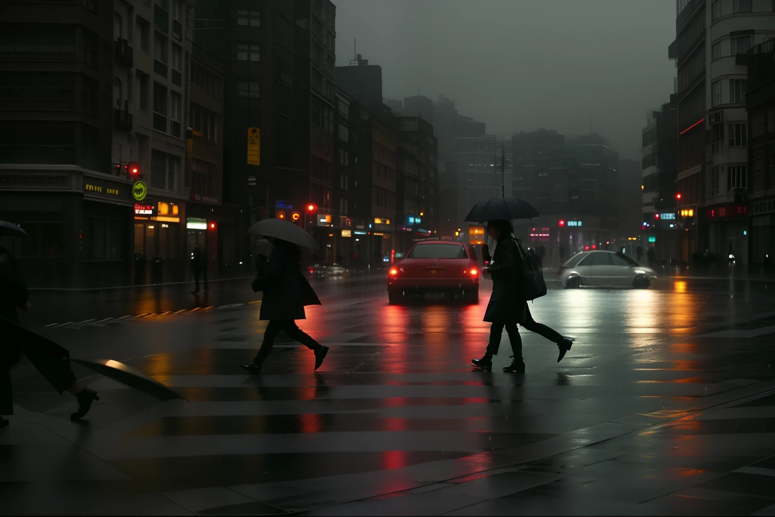 People cross the road with umbrellas in the rain, city street cinematic lighting, Wet streets, rainy streets in the background, at evening during rain, rainy urban streets, gloomy cinematic lighting, Beautiful and cinematic lighting, stunning moody cinematography, cinematography roger deakins, vfx powers at night in the city, rainy street, rainy night city street, great cinematic lighting, good cinematic lighting