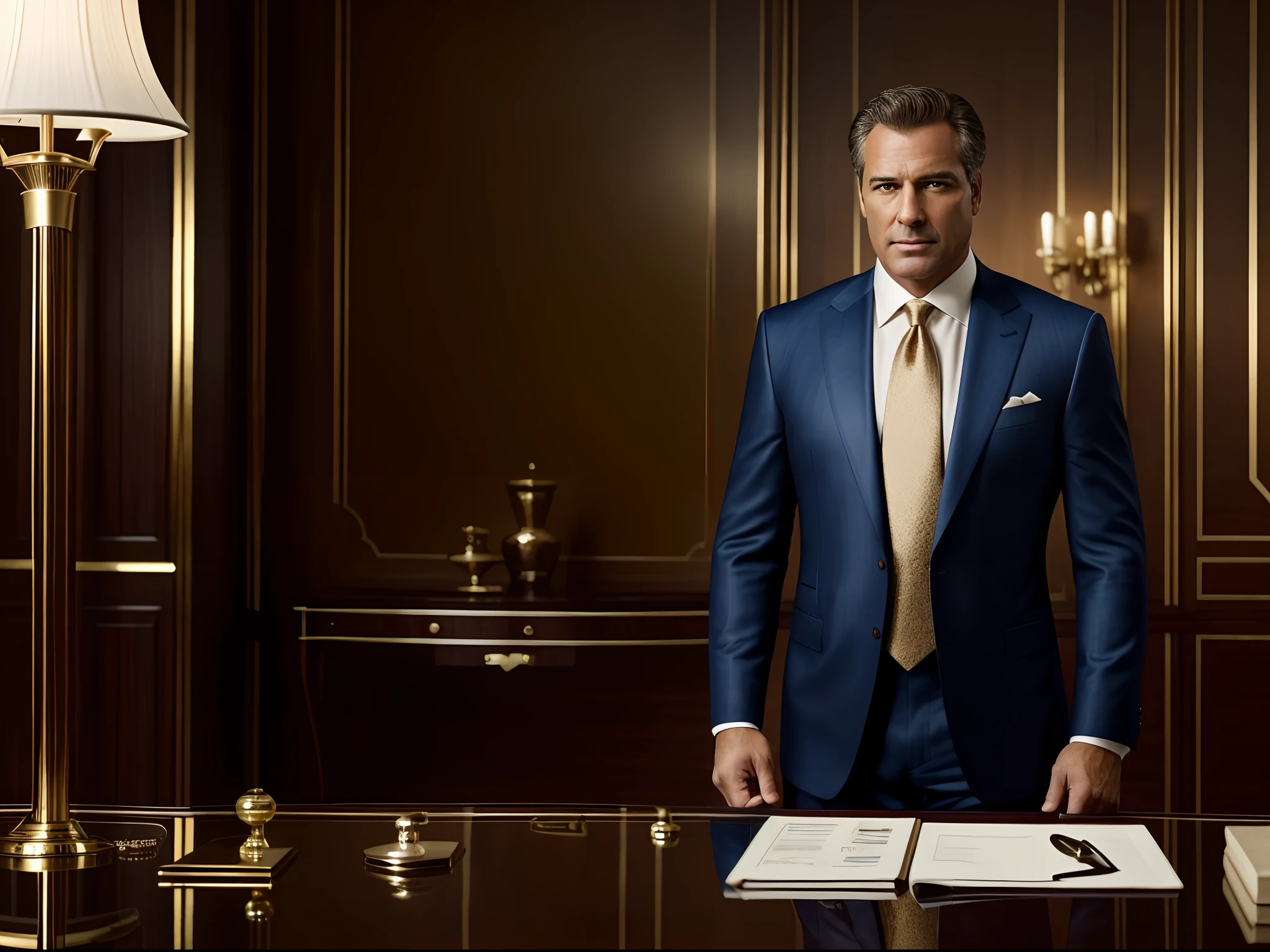 an ultra-realistic, photographic image in 8k resolution and 4:3 aspect ratio. The image should focus on a handsome middle-aged businessman radiating success and affluence. He should be impeccably dressed in a tailored suit, surrounded by an ostentatious display of wealth - piles of money, luxurious accessories, and an opulent atmosphere.