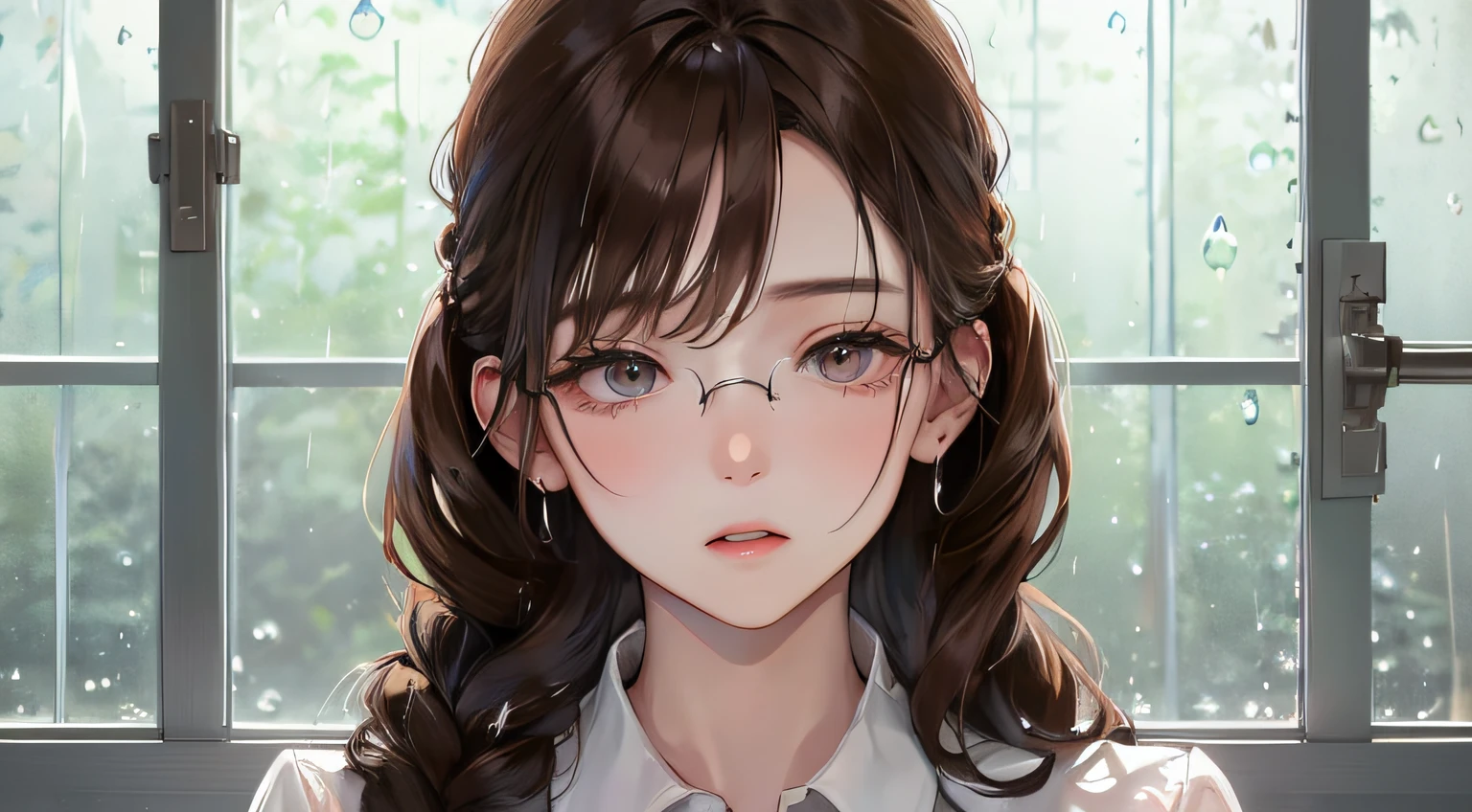 (((1人の女性)))、(Top resolution、Distinct_image) best qualtiy、((early evening))、(((Rain outside the window)))、((Looking out the window))、lecture、masterpiece、ighly detailed、Semi-realistic、Brown hair、eye glass、Braided hairstyle、deadpan、bangss、21 years old、Mature、年轻、white shirt、delicated facial features、Facial features、mid-shot、