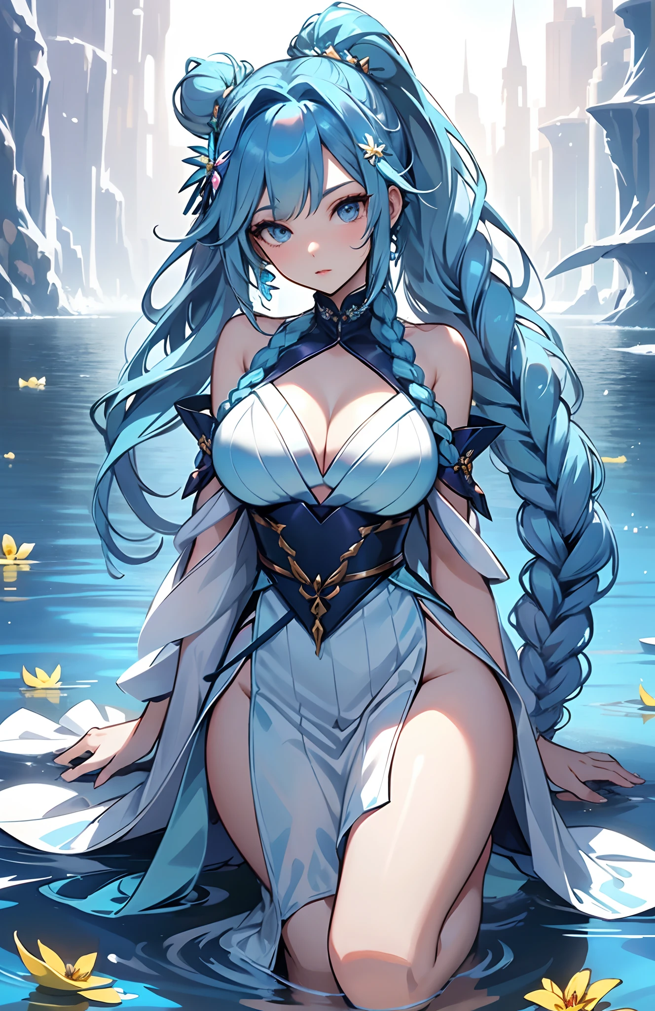 best qualityer,tmasterpiece,Ultimate resolution,downy,Extremely colorful,Colorful,water background,(Lake surface),Dancer,White kimono long dress,huge tit,hair-bun,Fine braids,(Long aqua blue hair),Blue lip gloss,a matural female,(The barefoot),Kneeling pose,daffodil,Normal posture