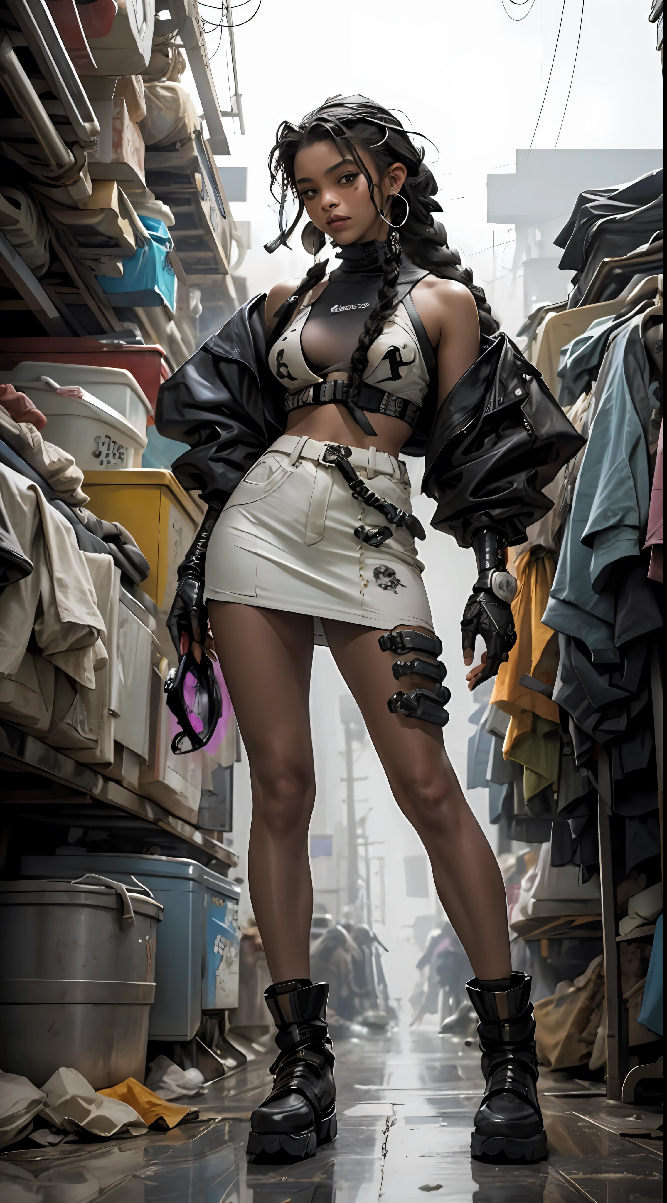 Beautiful black woman medium hair braids , usando bone , roupas curtas estilo cyberpunk