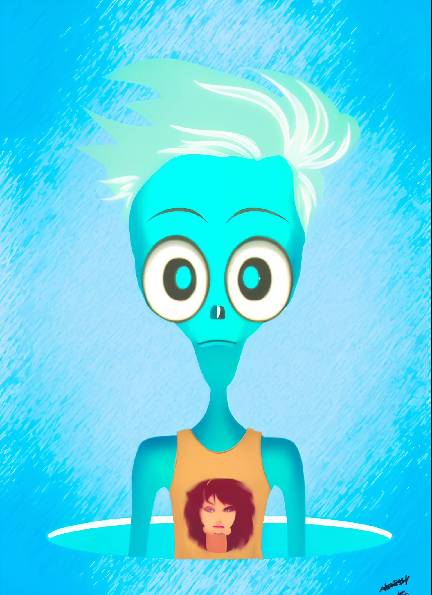 Cartoon alien with blue hair and a yellow shirt, portrait of a space alien, alien portrait, alien looking, alien girl, realistic alien, Space alien, Portrait of an alien, Portrait of a humanoid alien, Affectionate alien life form, alien art, avatar da parte superior do corpo, alien like, An alien, portrait of a grey alien, 2d illustration, 2d illustration