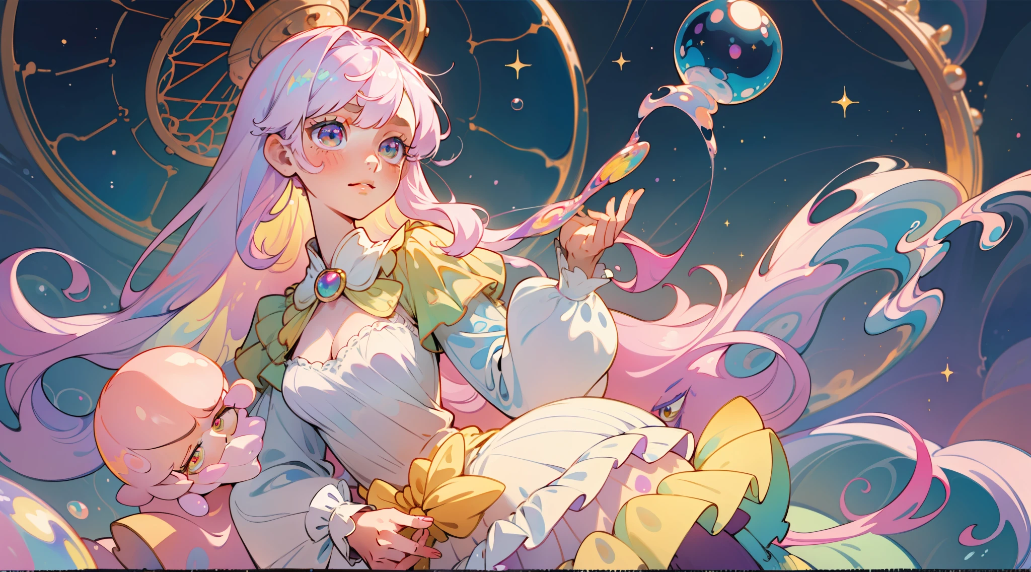 masterpiece, best quality, 8k resolution, sharp focus, intricate detail, beautiful girl, sparkling eyes, golden ratio face, otherworldly liquid, watercolor, pastel colors, bright colors, whimsical, colorful, sharp focus, high resolution, fine detail, ((layered tiered puffy long sleeves ballgown)), ((round eyes)), iridescent bubbles, fantasia background