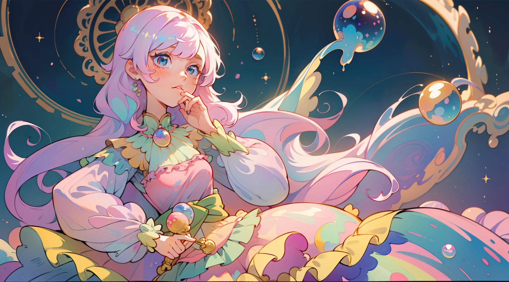 masterpiece, best quality, 8k resolution, sharp focus, intricate detail, beautiful girl, sparkling eyes, golden ratio face, otherworldly liquid, watercolor, pastel colors, bright colors, whimsical, colorful, sharp focus, high resolution, fine detail, princess fantasy flowing ballgown, ((round eyes)), iridescent bubbles, castle landscape in background