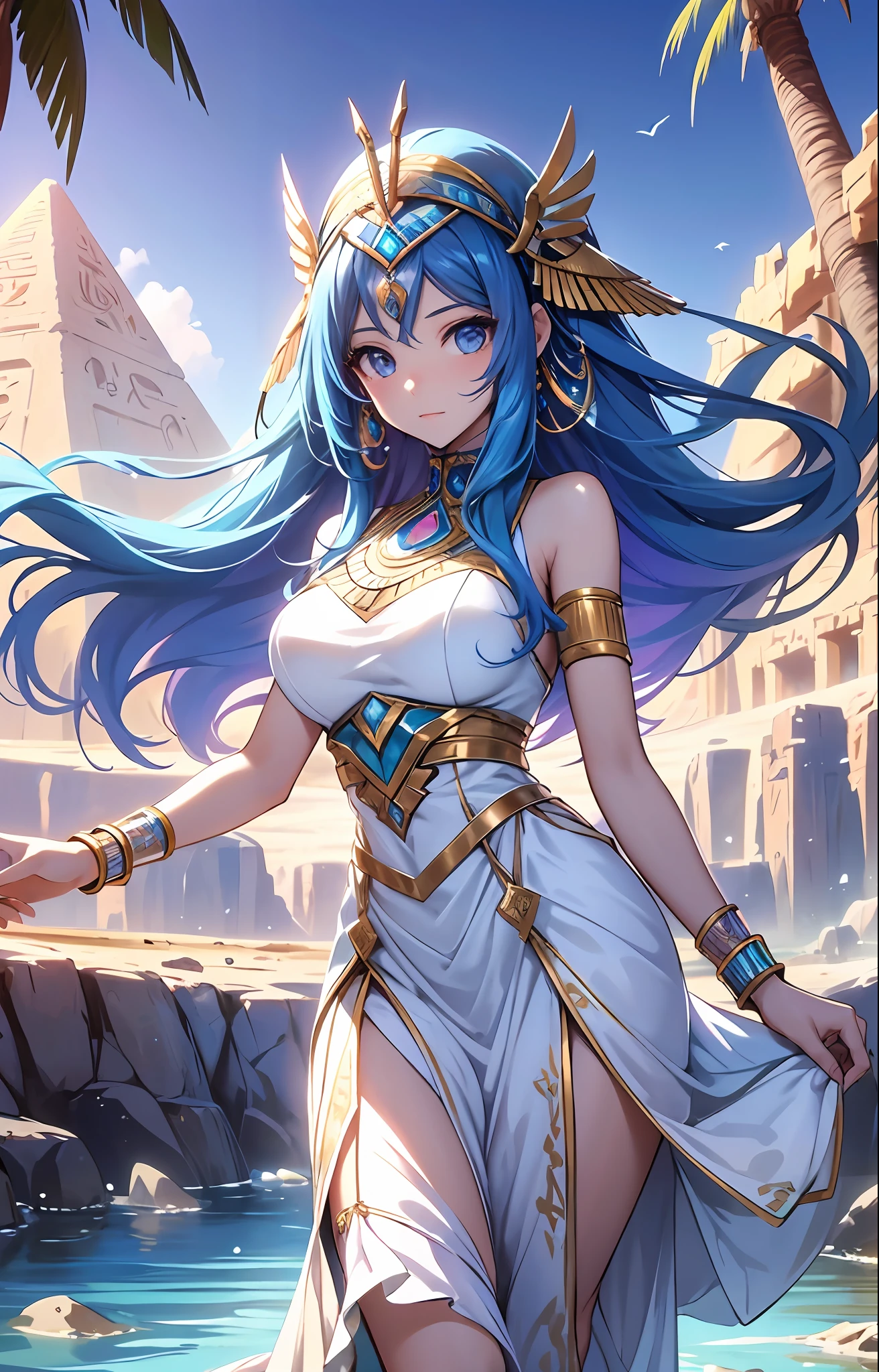 ((Highest quality)), ((masterpiece)), (Detailed face and eyes), Perfect Face, Accurate, Textured skin, Attention to detail, High resolution, Perfect body, Cleopatra, Queens of Ancient Egypt, Wearing a silk dress, Jewel crown, lipstick, Cowboy Shot, Sunburned skin, Brown Skin, Throne, From above