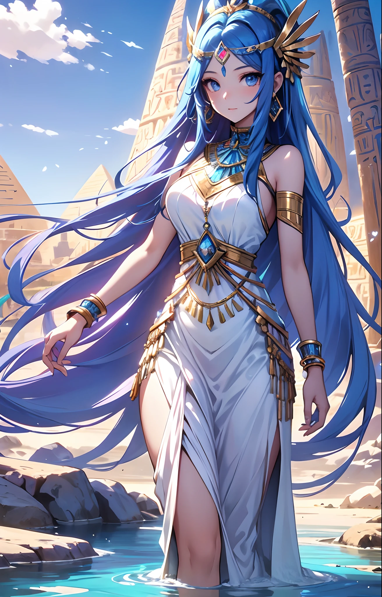 best qualityer,tmasterpiece,Ultimate resolution,downy,Extremely colorful,Colorful,Oasis background,Ancient Egyptian woman,Long azure hair,a matural female,Long white dress in Egyptian style,a white long skirt,Treading water,Desert oasis,Nile River,Normal posture