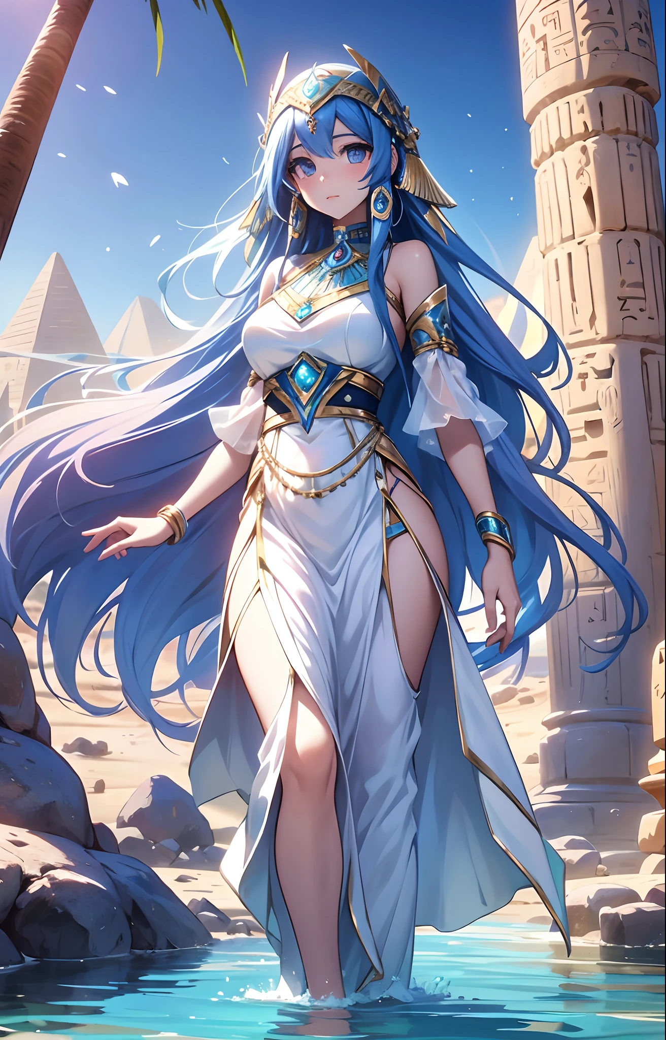 best qualityer，tmasterpiece，Ultimate resolution，downy，Extremely colorful，Colorful，Oasis background，Ancient Egyptian woman，Long azure hair，a matural female，Long white dress in Egyptian style，a white long skirt，Treading water，Desert oasis，Nile River，Normal posture