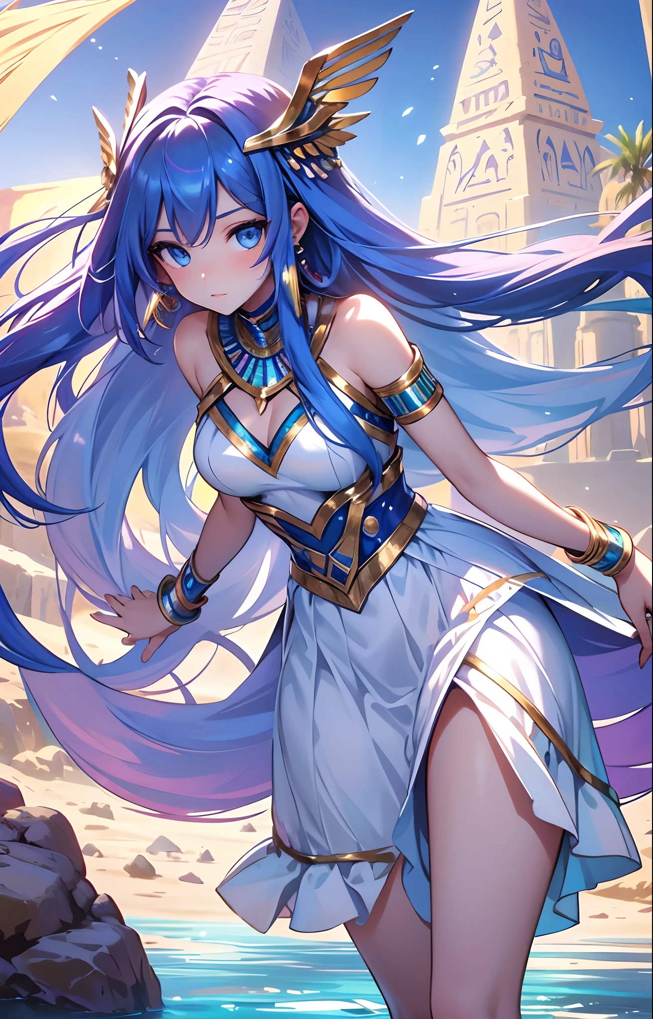 best qualityer,tmasterpiece,Ultimate resolution,downy,Extremely colorful,Colorful,Oasis background,Ancient Egyptian woman,Long azure hair,a matural female,Long white dress in Egyptian style,a white long skirt,Treading water,Desert oasis,Nile River,Normal posture