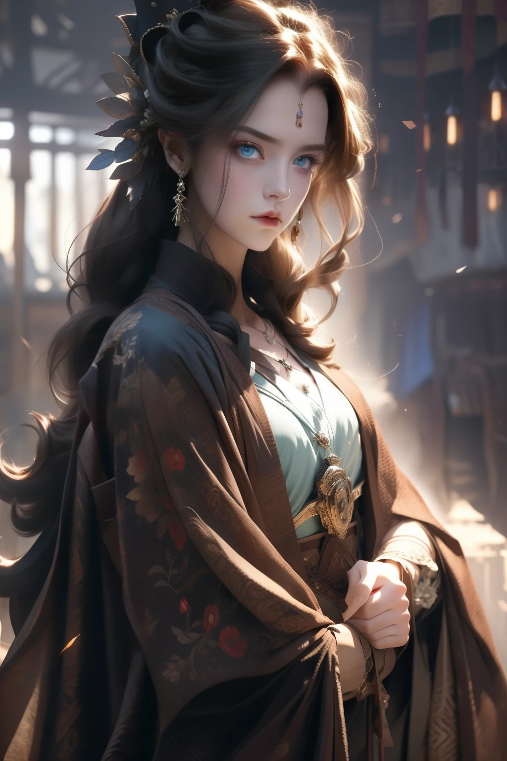 Best quality, tmasterpiece, brunette color hair, blueneyes,Bow your head slightly, The upper part of the body，Heroic，Fierce，Sharp eyes