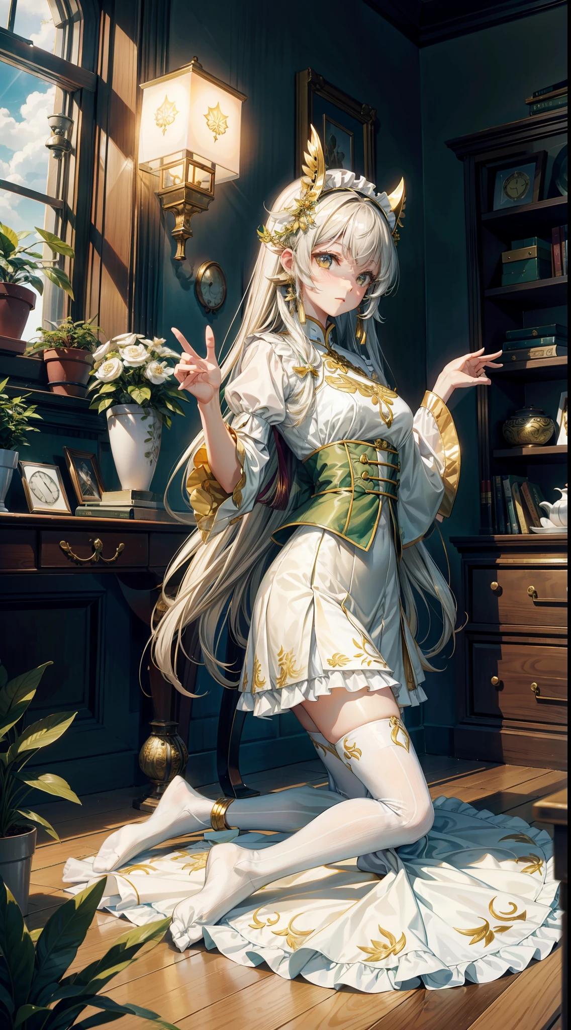（8K，best qualtiy，tmasterpiece：1.2），（realisticlying，realisticlying：1.2），ultra - detailed，best qualtiy，超高分辨率，profesional lighting，photon maping，physically-based renderingt，the maid outfit，Wallpapers，Ray traching，（janelas：1.8），rays of sunshine：2.0，（There is a gold pattern on the skirt），whaite hair，（White calf socks：1.2）（（Kneeling pose））There are potted plants under the window，（White socks transparent texture），beast ear，a white long skirt，There is a little white cat，long hair flowing，There was a lamp by the bed，Big windows，Clothes with green and gold patterns，（golden headdress），（huge tit），Face the camera，Kneeling pose
