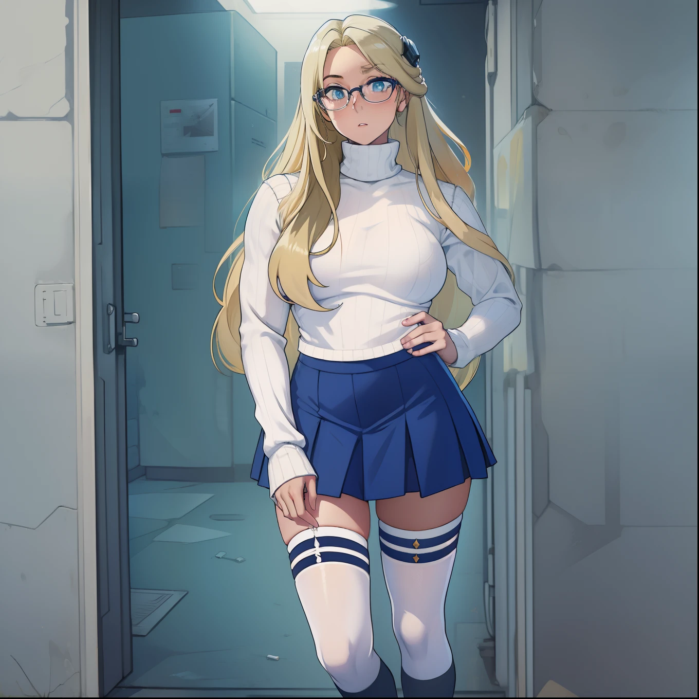 female with long blonde hair, wearing white cropped turtleneck, wearing blue miniskirt, wearing thigh high socks, wearing glasses