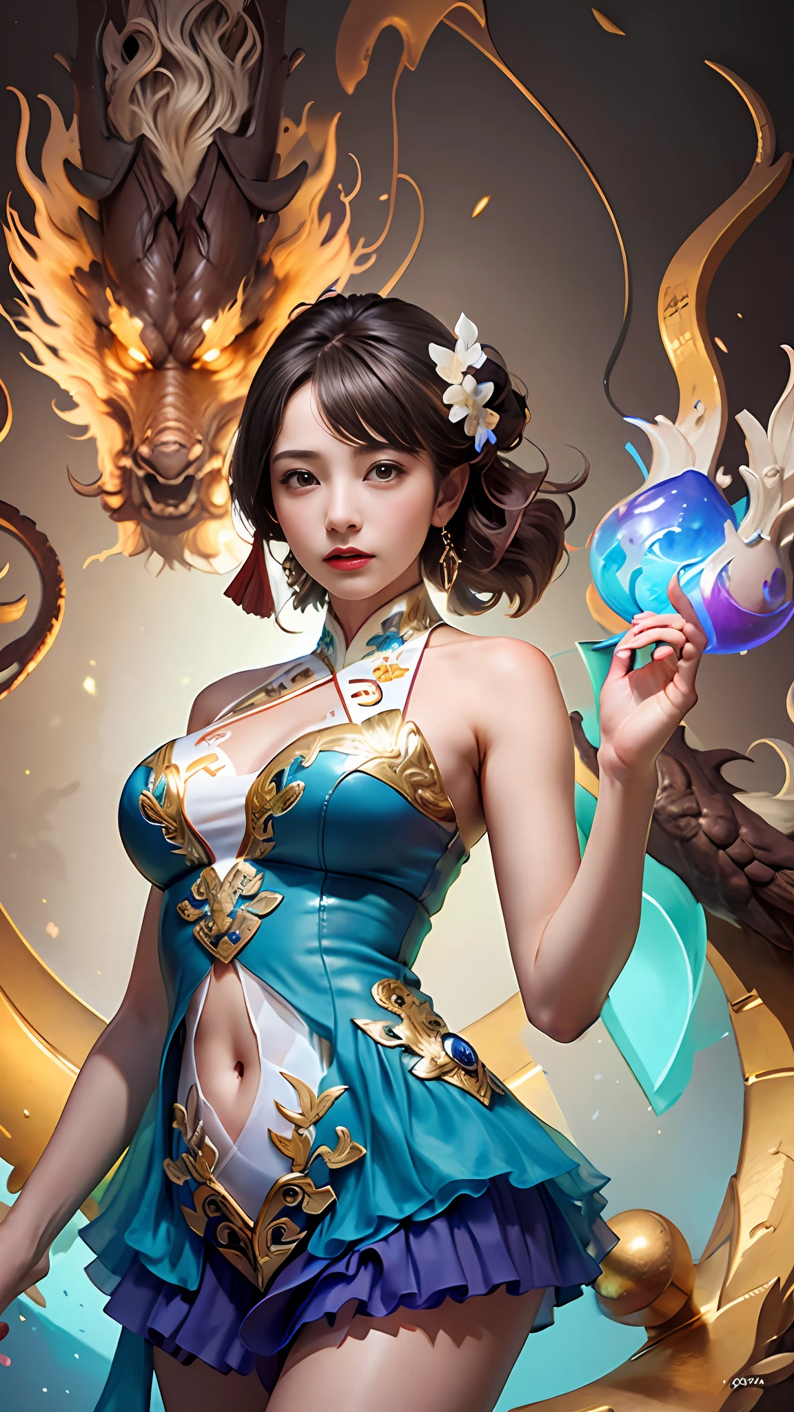 Official Art, Unified 8K Wallpapers, Ultra Detailed, Beautiful and Aesthetic, Masterpiece, Best Quality, (Zentangle, Tangle, Entangle), (fractal art: 1.4), 1girl, black hair, Chinese, bare shoulders, short skirt, calf, navel, very detailed, dynamic angle, cowboyshot, (most beautiful form chaos), flowing, (bright colors), oc, (half: 1.2), china, (thangka flying sky: 1.5), (ribbon: 1.3), (dream: 1.5), (hanfu: 1.5), Chinese dragon, Chinese phoenix, (smile: 0.5), (Chinese deity),