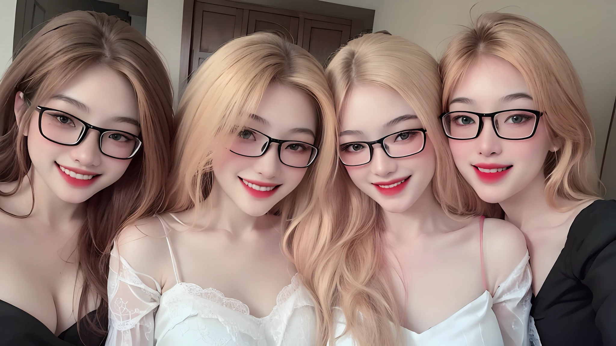 1 girl, glasses girl, ((Best Quality, 8K, Masterpiece:1.3)), Focus: 1.2, Perfect Body Beauty: 1.4, Buttocks: 1.2, (Gigantic Breasts: 1.4), (Gigantic hip: 1.8),(white croptop), Highly Detailed Face, perfect smile, Double Eyelids, White Skin, (((Long blonde Hair))), (Shut Up: 1.3), Smile,grin smiling, big smile,show teeth,(upper body focus:1.2),