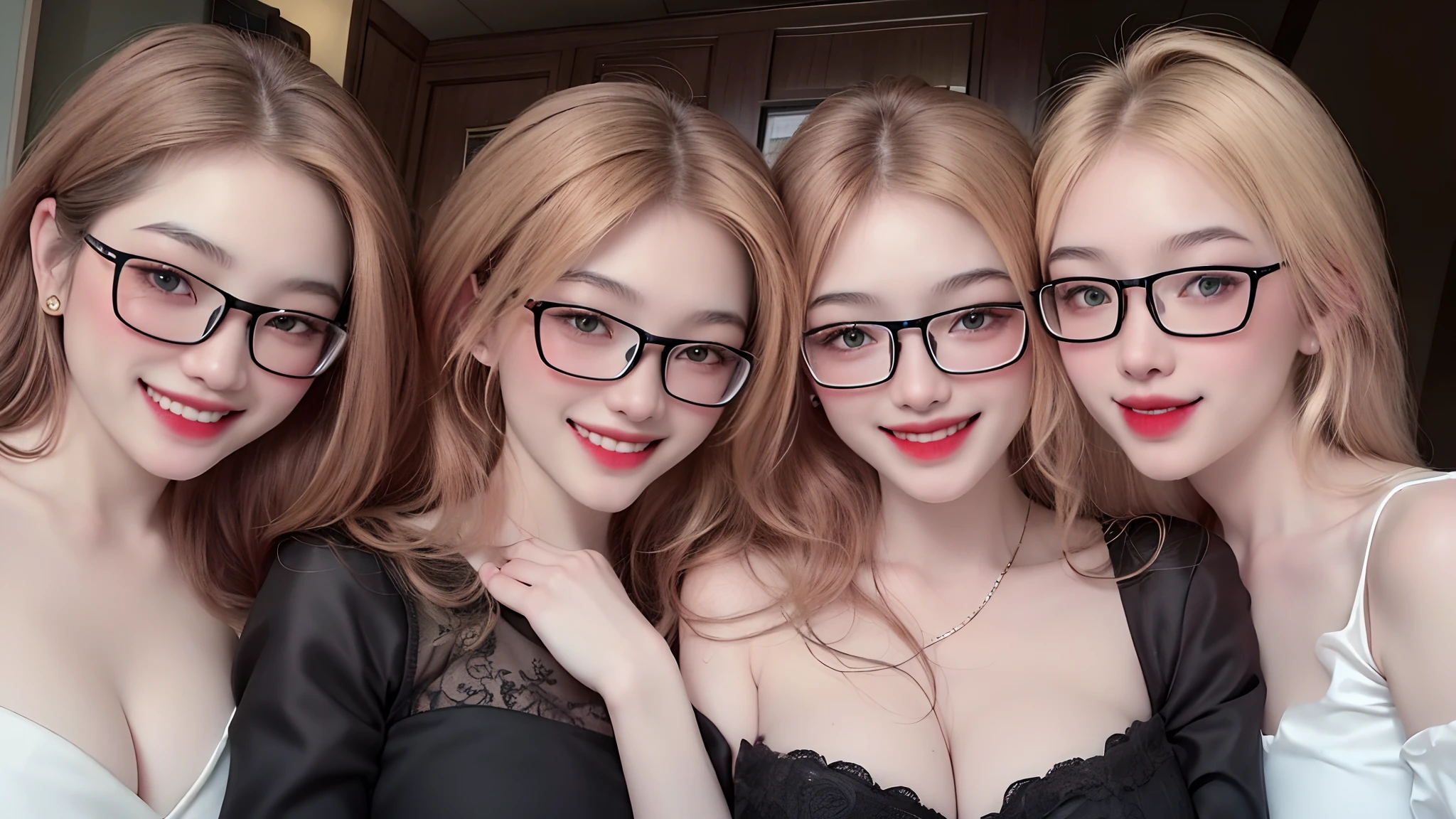 1 girl, glasses girl, ((Best Quality, 8K, Masterpiece:1.3)), Focus: 1.2, Perfect Body Beauty: 1.4, Buttocks: 1.2, (Gigantic Breasts: 1.4), (Gigantic hip: 1.8),(white croptop), Highly Detailed Face, perfect smile, Double Eyelids, White Skin, (((Long blonde Hair))), (Shut Up: 1.3), Smile,grin smiling, big smile,show teeth,(upper body focus:1.2),
