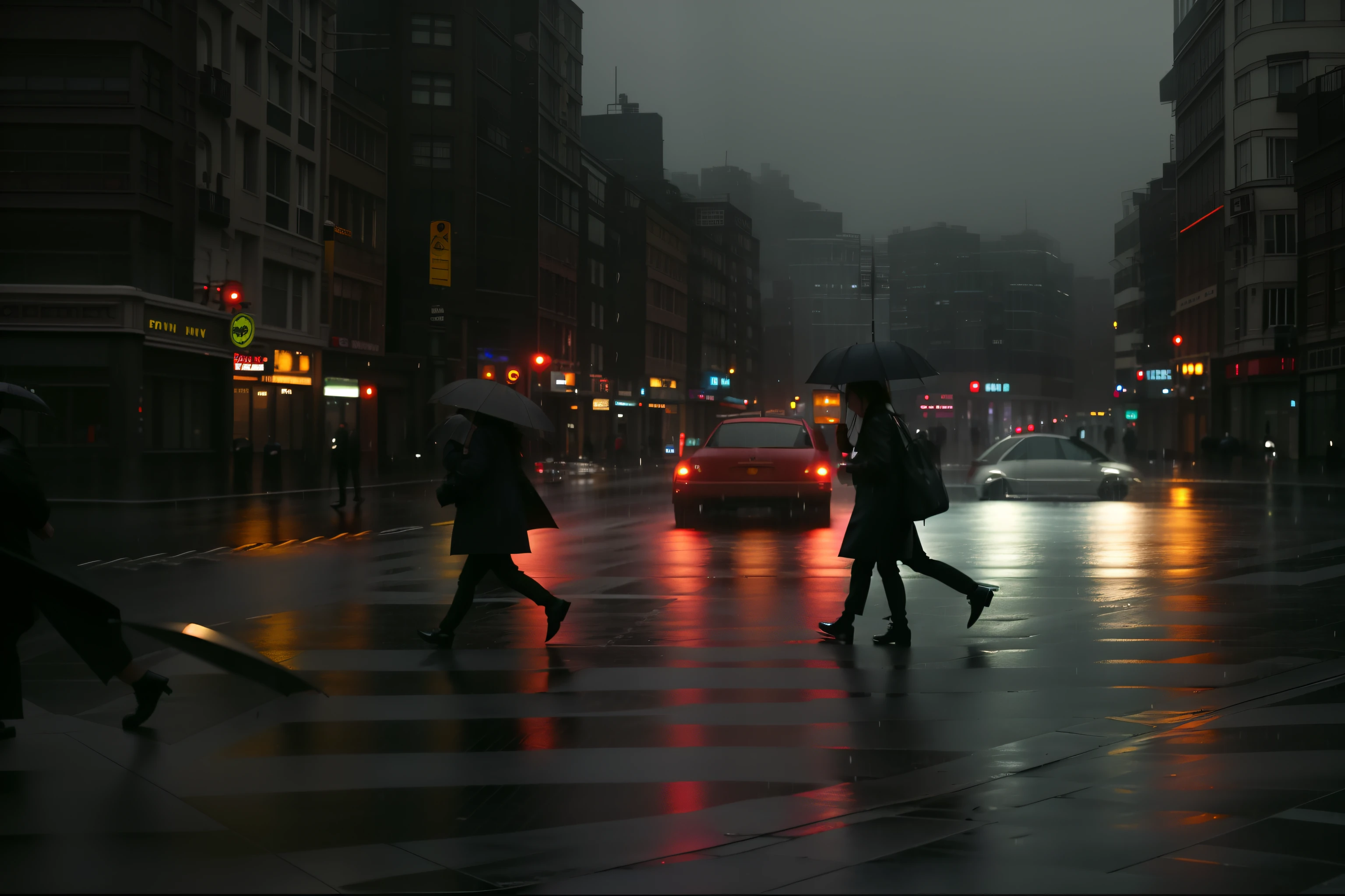 People cross the road with umbrellas in the rain, city street cinematic lighting, Wet streets, rainy streets in the background, at evening during rain, rainy urban streets, gloomy cinematic lighting, Beautiful and cinematic lighting, stunning moody cinematography, cinematography roger deakins, vfx powers at night in the city, rainy street, rainy night city street, great cinematic lighting, good cinematic lighting