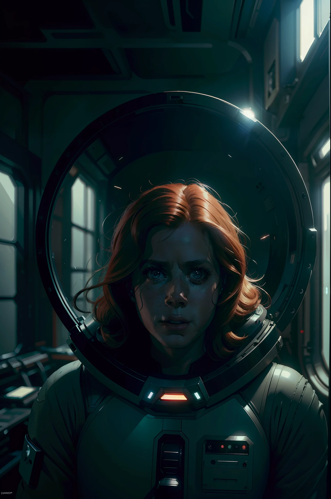 Amy Adams as a Medic on Ishimura Horror Space Ship in sci fi lab photography, natural light, photorealism, cinematic rendering, ray tracing, the highest quality, the highest detail, Cinematic, Third-Person View, Blur Effect, Long Exposure, 8K, Ultra-HD, Natural Lighting, Moody Lighting, Cinematic Lighting