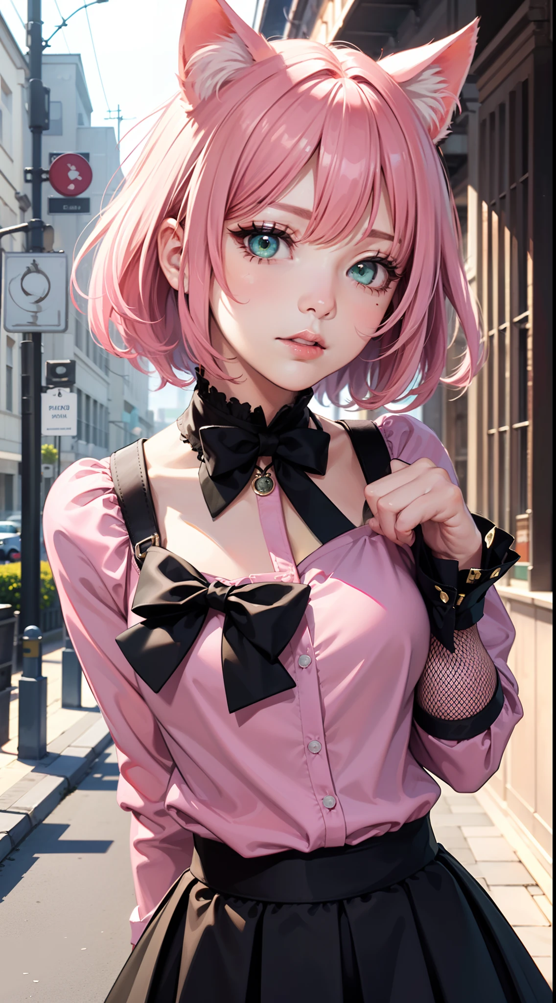 ((((detailed face)))),(Highest picture quality), (Master's work), (Detailed eye description), (8K wallpaper), (Summer plant room),cat girl,cat ears,(pink hair:1.25), short hair,(green eyes:1.23),(ringed eyes:1.1),((tareme)),medium_eyes,(light blue bowtie on neck), (1980s), (Detailed face description),((shy)),(detailed face),half closed eyes,head down, (((pink shirt))),(black skirt),(black fishnet pantyhose:1.1), black garter belt,(black bow),thigh strap,
standing, overall skirt, 
on street,
((((detailed face)))),