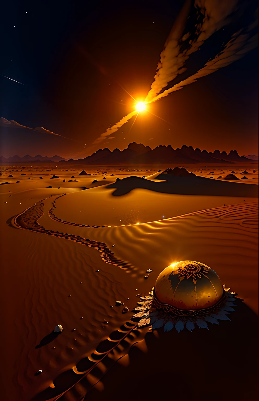 An absolutely mesmerizing sun over the sertão, desert, with a mixture of oranges, roses and yellows. Remains of dead animals in the ground. Dead ox head in the desert sand.