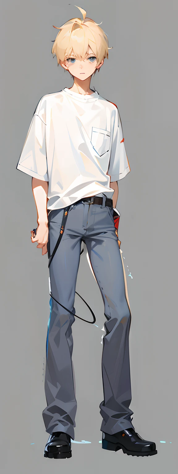 blond hairbl，Anime boy in white shirt and blue jeans pants, evangelion concept art, anime full body illustration, ( ( concept art of character ) ), detailed full body concept art, Full body illustration, official character art, Single character full body, full body portrait of a short!, made with anime painter studio, full body concept, male anime character, unrealistic character concept