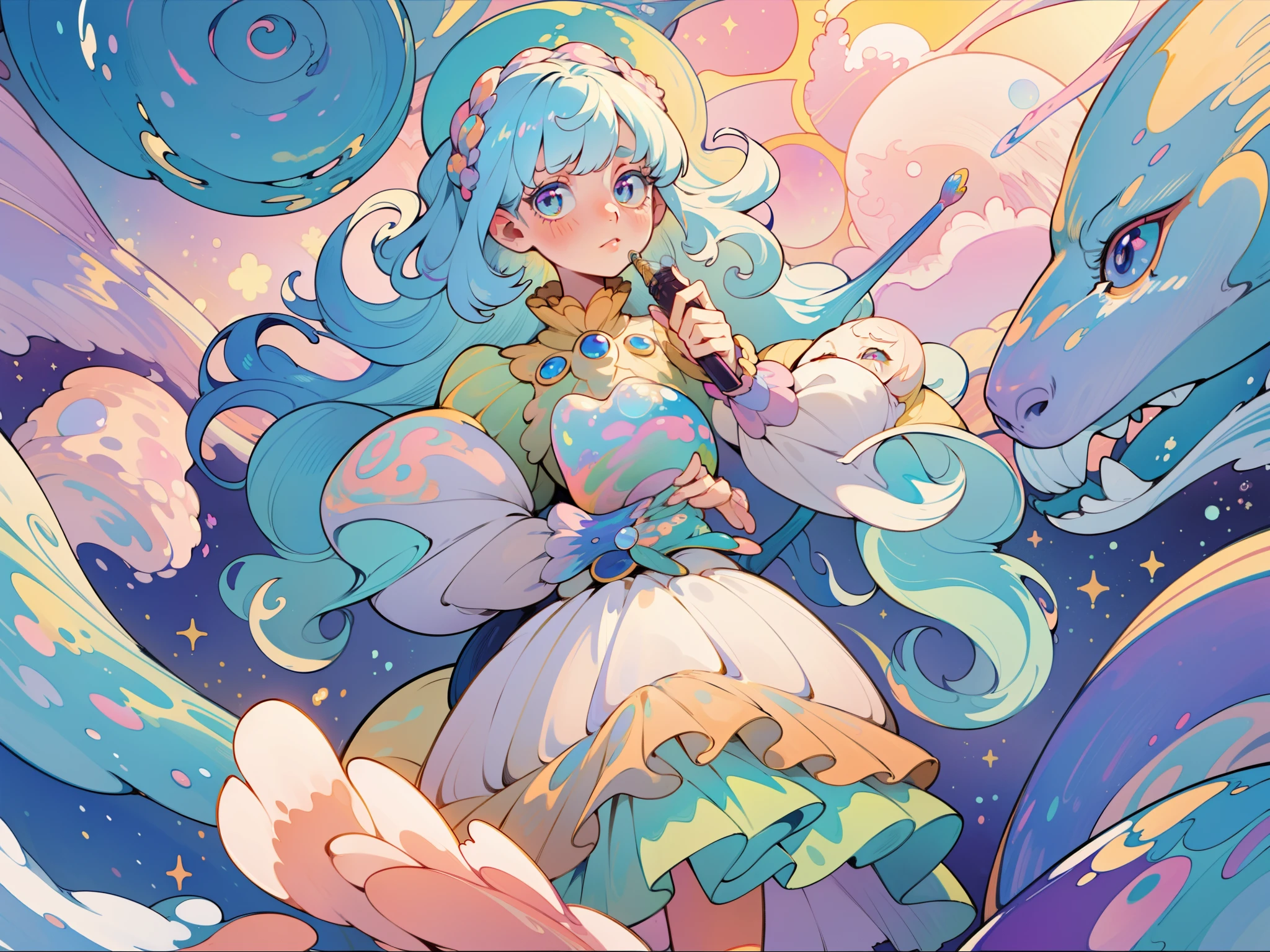 masterpiece, best quality, 8k resolution, sharp focus, intricate detail, beautiful girl, sparkling eyes, golden ratio face, otherworldly liquid, watercolor, pastel colors, bright colors, whimsical, colorful, sharp focus, high resolution, fine detail, ((layered tiered puffy long sleeves ballgown)), ((round eyes)), iridescent bubbles, fantasia background