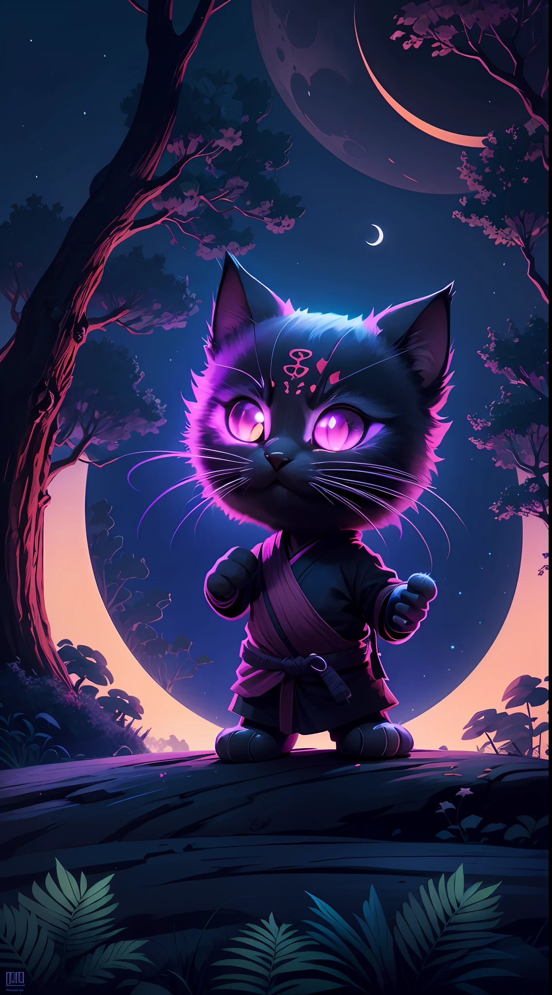 Create a vibrant dark fantasy cute ninja cat in a clean-lined minimalistic cartoon style, in the background a beautiful forest and a bright purple moon, octane render, 8k