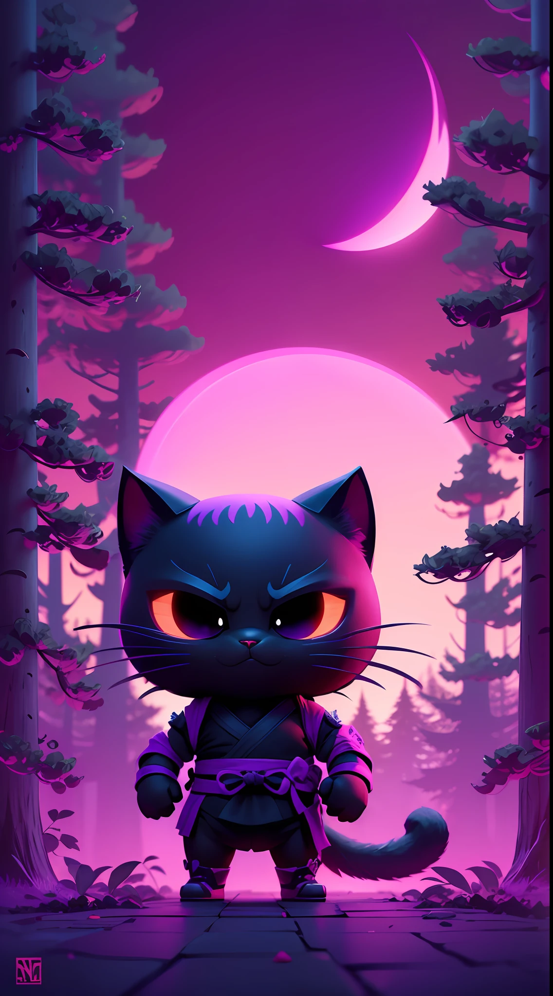 Create a vibrant dark fantasy cute ninja cat in a clean-lined minimalistic cartoon style, in the background a beautiful forest and a bright purple moon, octane render, 8k