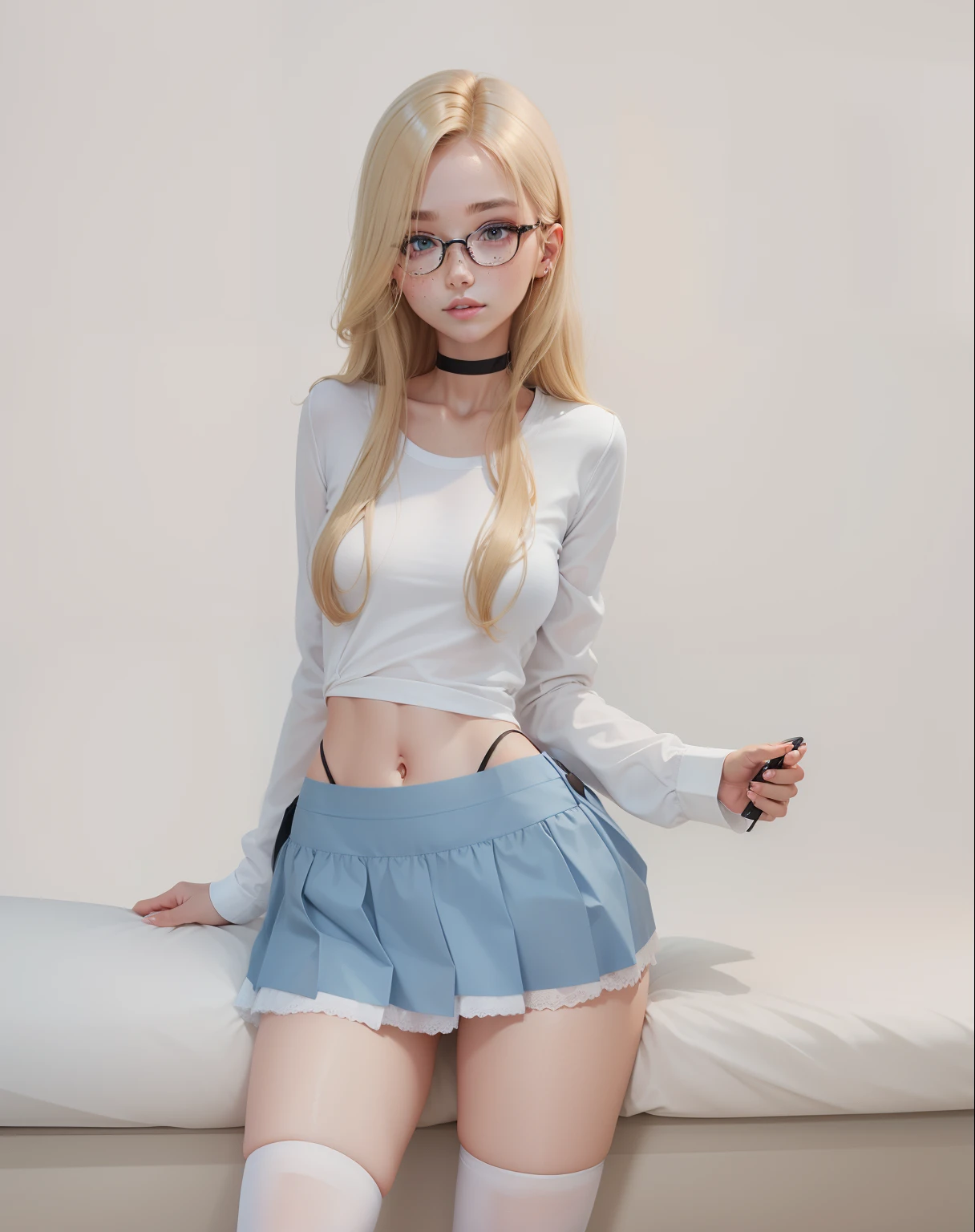 Blonde, skinny, glasses, brown eyes, black choker, white long sleeved shirt, blue skirt, freckles