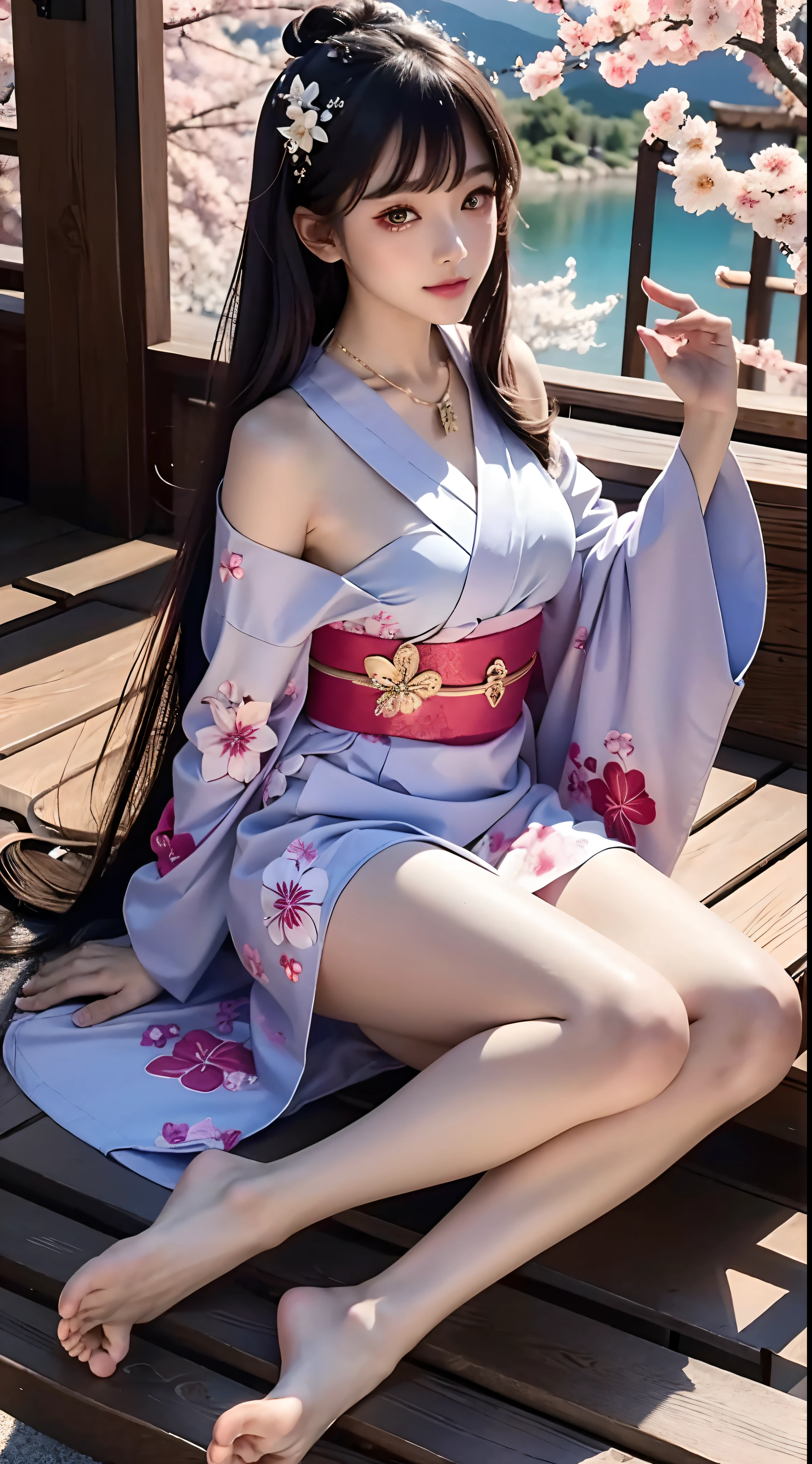 4K Ultra HD, Masterpiece, s, Nice face, Detailed Eyes, Liquid Lipstick, Long hair, Hair spreads, necklaces, Beautiful yukata, Short Yukata, floral pattern, highlights, lighting effects, glittering, realistic background, Japan's Natural Background, blossom, sunlights, mountains, Full-body capture, You can see bare feet, Pretty legs
