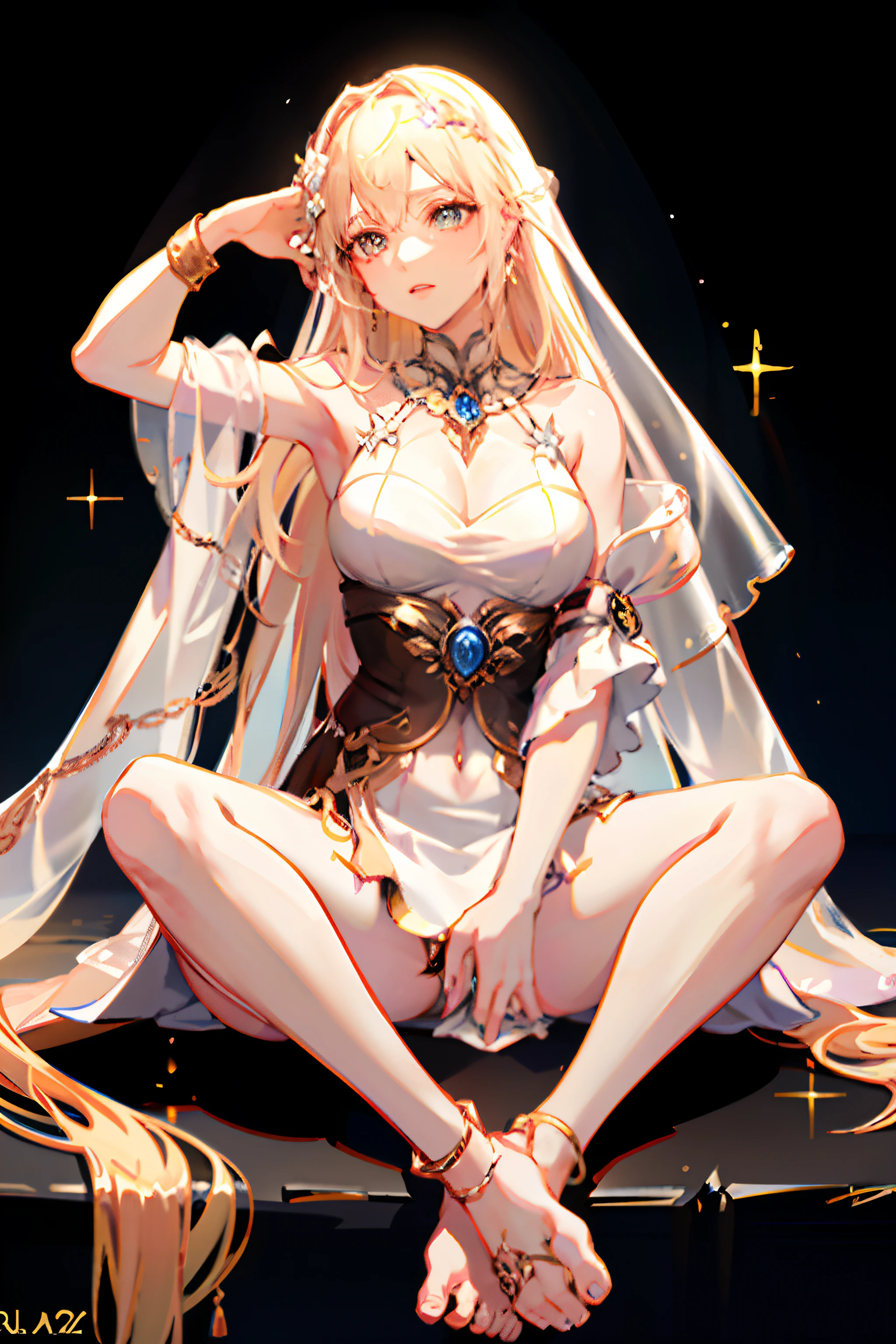 masterpiece, best quality,
1girl, night, Nineveh, meteor shower background, ultra-detailed, solo, looking at viewer, (curvy:1.1), (wavy hair:1.1), (breasts apart:1.3), groin, (pasties:1.3), neck ring, armlet, bracelet, (thighlet:1.2), (white veil:1.2), (hair ornament:1.1), navel piercing, (chain:1.1), (gold:1.3), (gold trim:1.2), rose, sweat, spread legs, sitting, arm up, full body, anklet, barefoot, on bed, Vaginal sulcus，(((female genital)))，Meat urinal，No top，No shirt，dewpoint