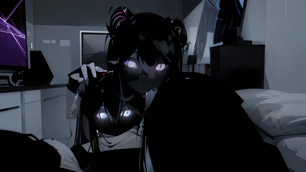 there is a woman that is standing in front of a tv, gapmoe yandere grimdark, distorted photo, glitch effects over the eyes, vrchat, glitch eyes, anime vibes, with glowing eyes, glowing eyes everywhere, bedroom eyes, anime style. 8k, desaturated!!, ahegao face, obscured underexposed view