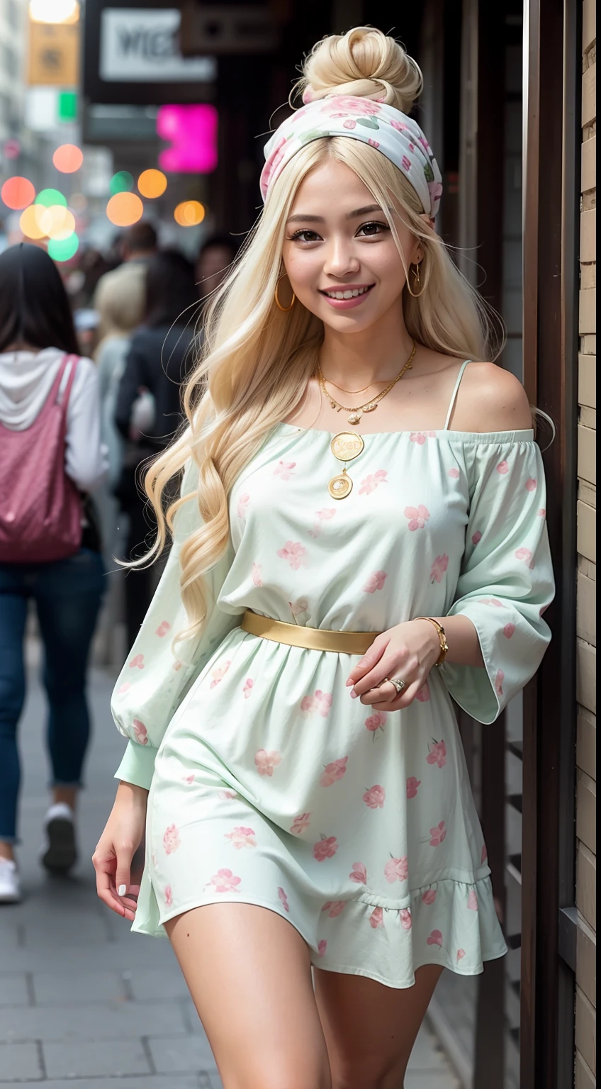 Malay girl very long white shiny hair with double big hair bun with The Bandanna floral headscarf , wear pastel green Floral Print Flounce Sleeve Square Neck Dress with jeans, pink sneakers, smiling, very long white hair, wear gold necklace, front view, very long wavy white hair, messy hair, hair blown, windy, detail skin, age spot, detail skin texture, mole below eyes, small breast, flat chest, wide hips, small waists, thick thighs, slim abs, beautiful body, morning, laughing, happy, bright lighting, people in background, city background, blur background, bokeh, location: city street
