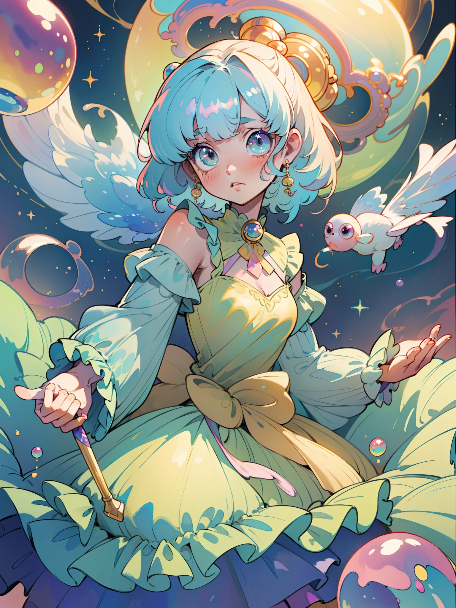 masterpiece, best quality, 8k resolution, sharp focus, intricate detail, beautiful girl, sparkling eyes, golden ratio face, otherworldly liquid, watercolor, pastel colors, bright colors, whimsical, colorful, sharp focus, high resolution, fine detail, ((layered tiered puffy long sleeves ballgown)), ((round eyes)), iridescent bubbles, fantasia background