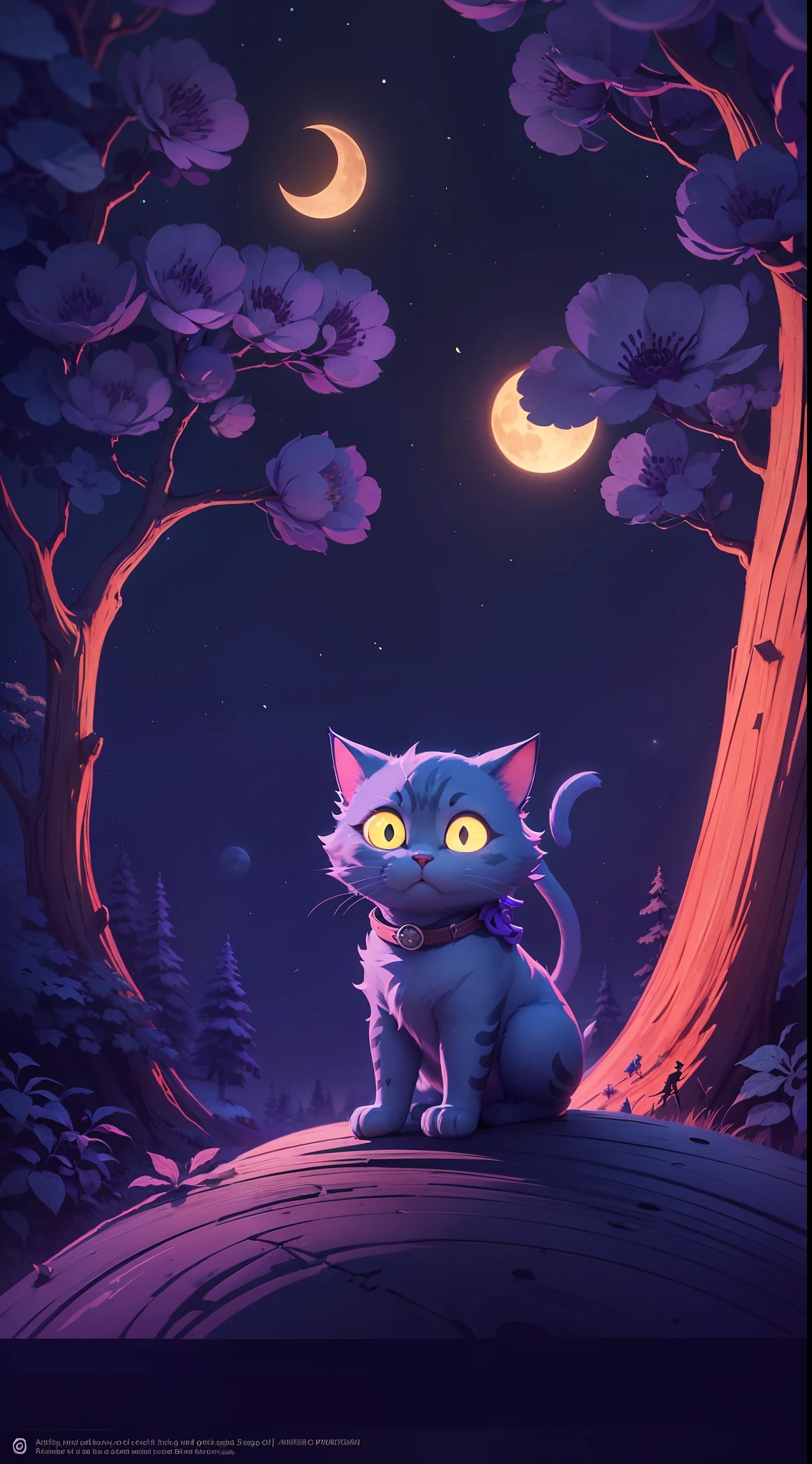 Create a vibrant dark fantasy cute ninja cat in a clean-lined minimalistic cartoon style, in the background a beautiful forest and a bright purple moon, octane render, 8k